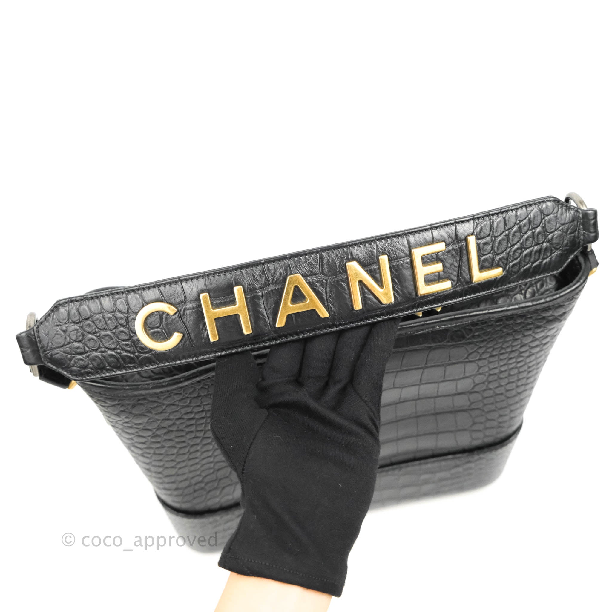 Chanel Gabrielle Hobo Bag Crocodile Embossed Calfskin Gold/Silver-tone  Small Black in Calfskin with Gold/Silver-tone - US