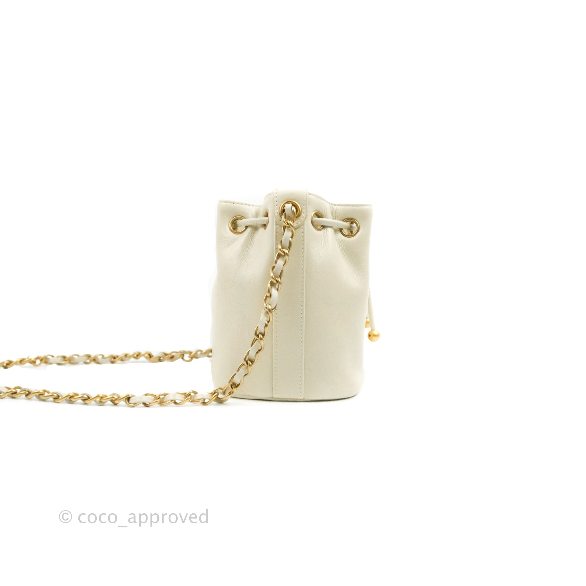 Chanel CC Small Drawstring Bucket Bag White Calfskin Aged Gold