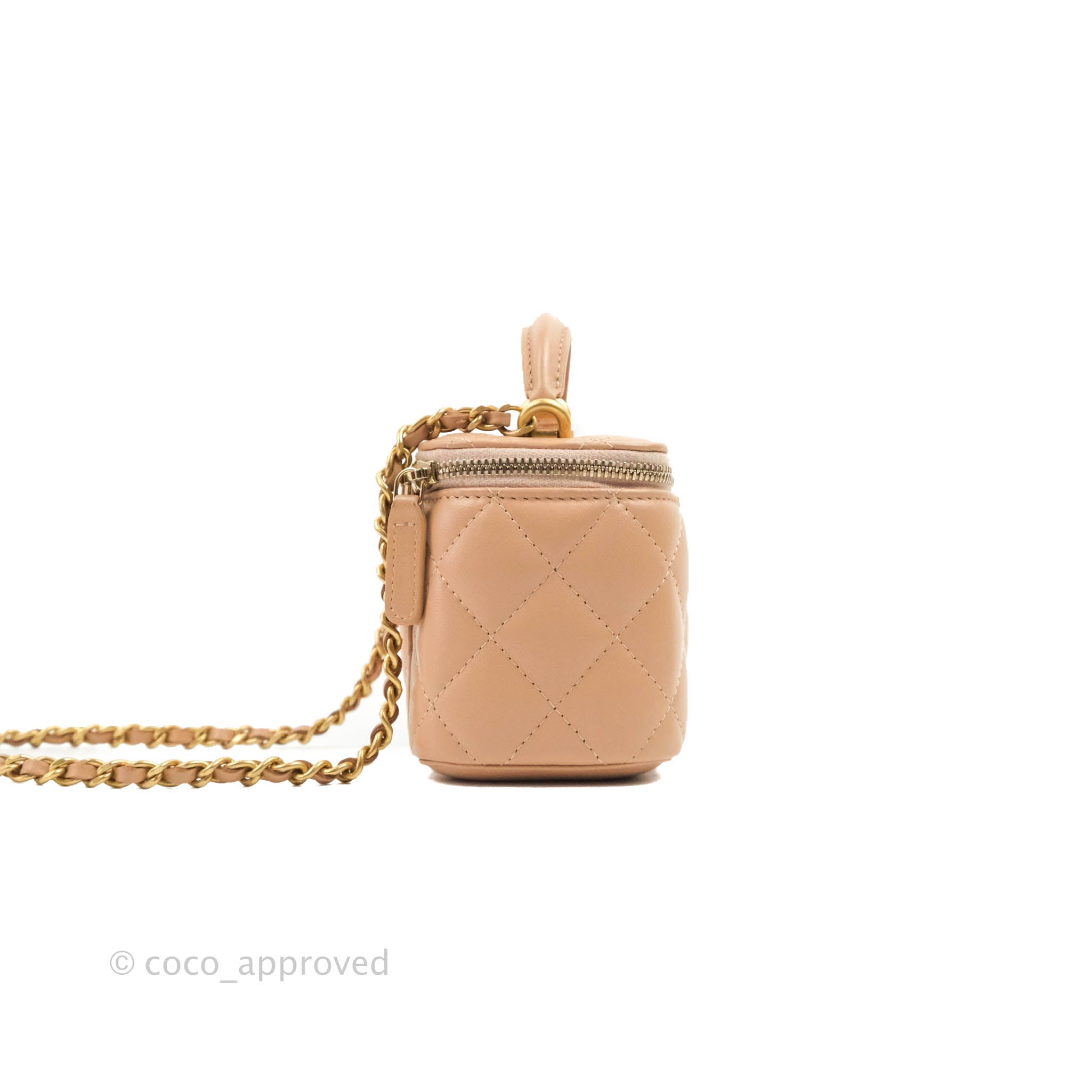 Chanel Mini Top Handle Vanity With Chain Beige Lambskin Aged Gold Hard – Coco  Approved Studio