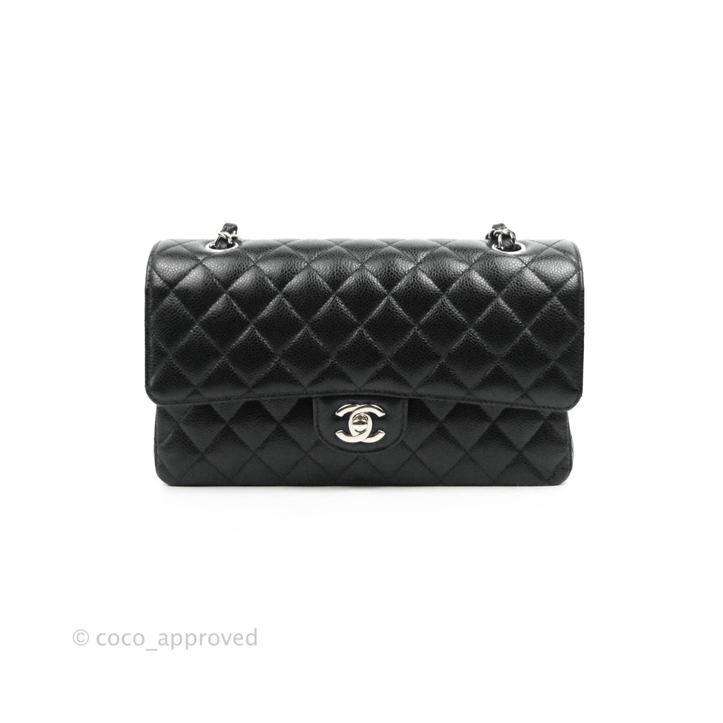 Chanel Classic M/L Medium Double Flap Bag Black Caviar Silver Hardware