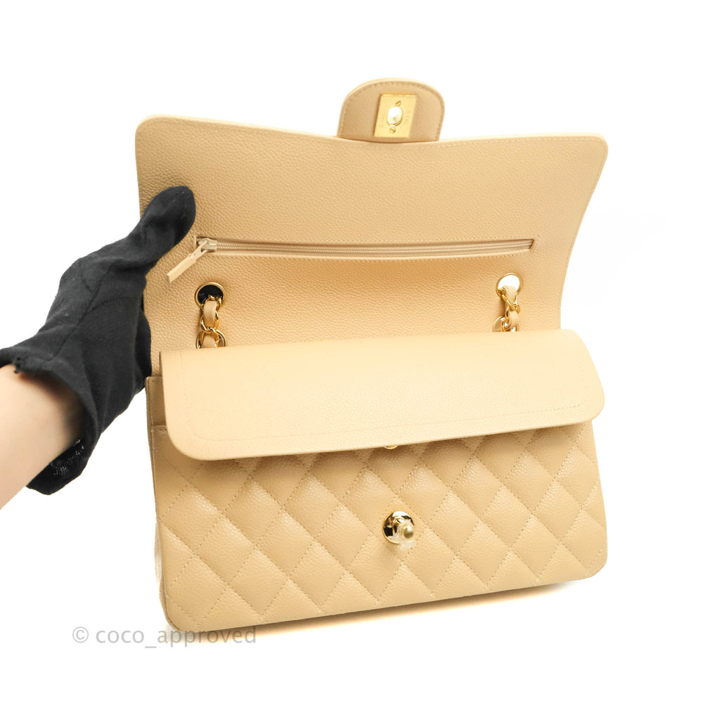 Chanel Classic M/L Medium Flap Quilted Beige Clair Caviar Gold Hardware
