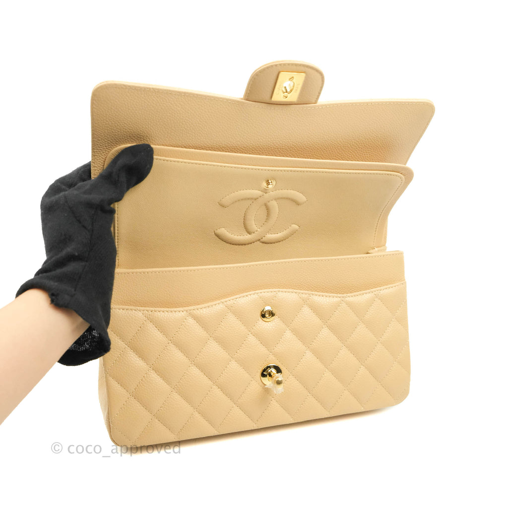 Chanel Classic M/L Medium Flap Quilted Beige Clair Caviar Gold Hardware