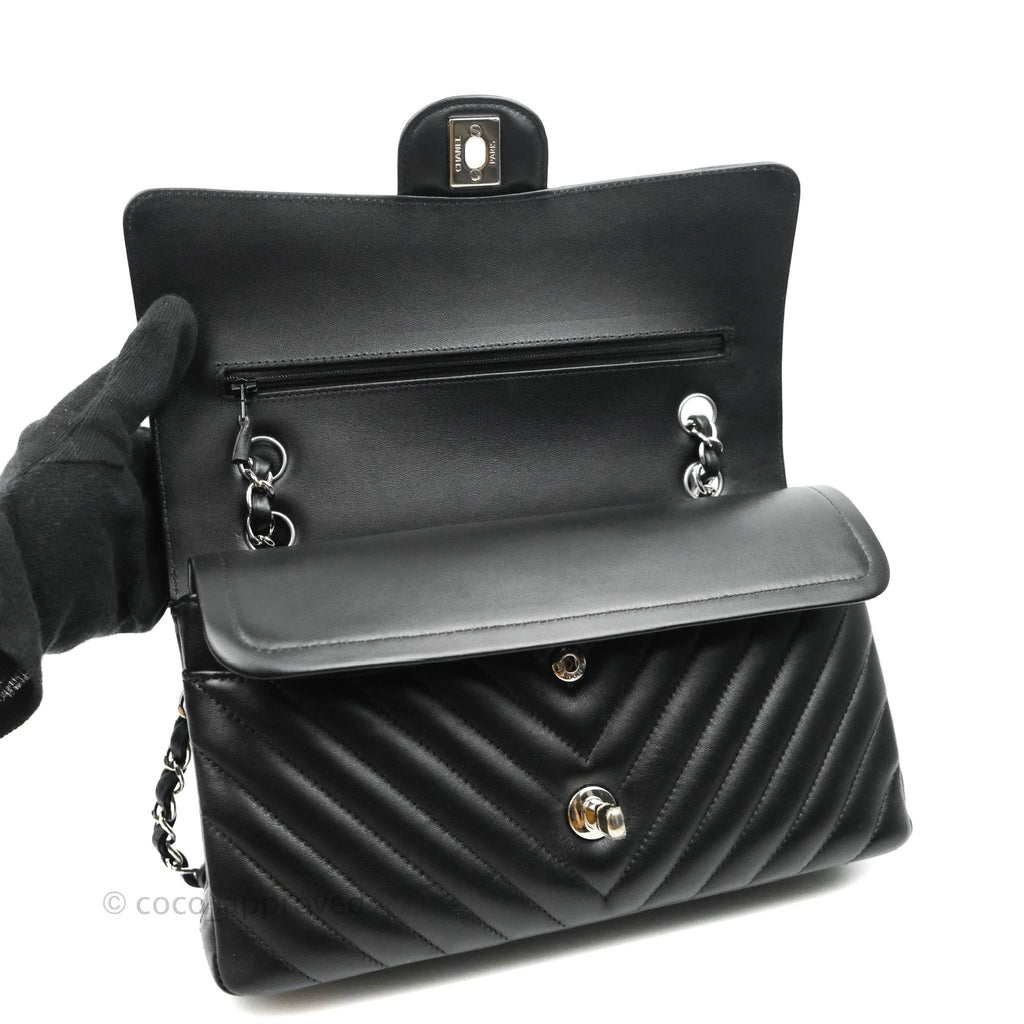 Chanel Classic M/L Medium Chevron Double Flap Black Lambskin Silver Hardware