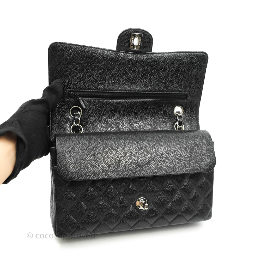 Chanel Vintage Classic M/L Medium Flap Quilted Black Caviar Silver Hardware