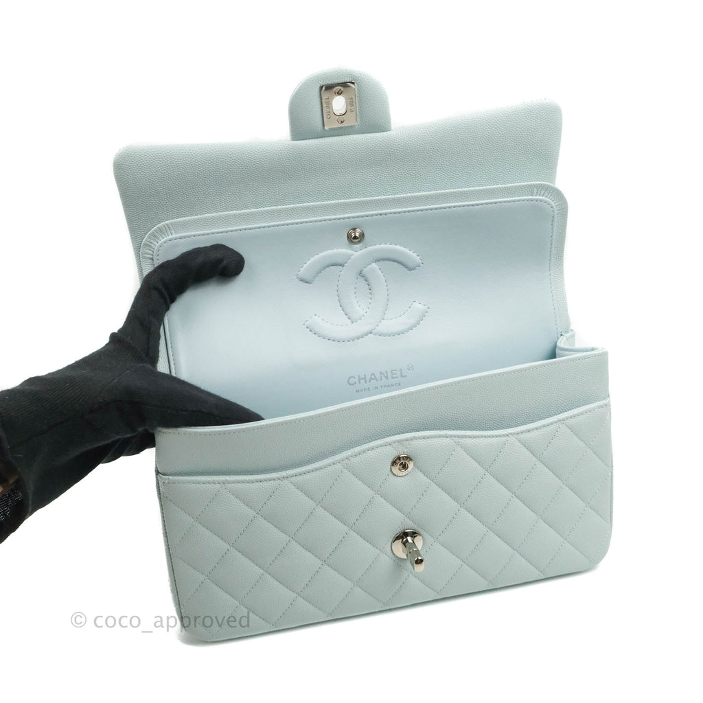 Chanel Quilted Classic M/L Medium Flap Light Blue Caviar Silver Hardware