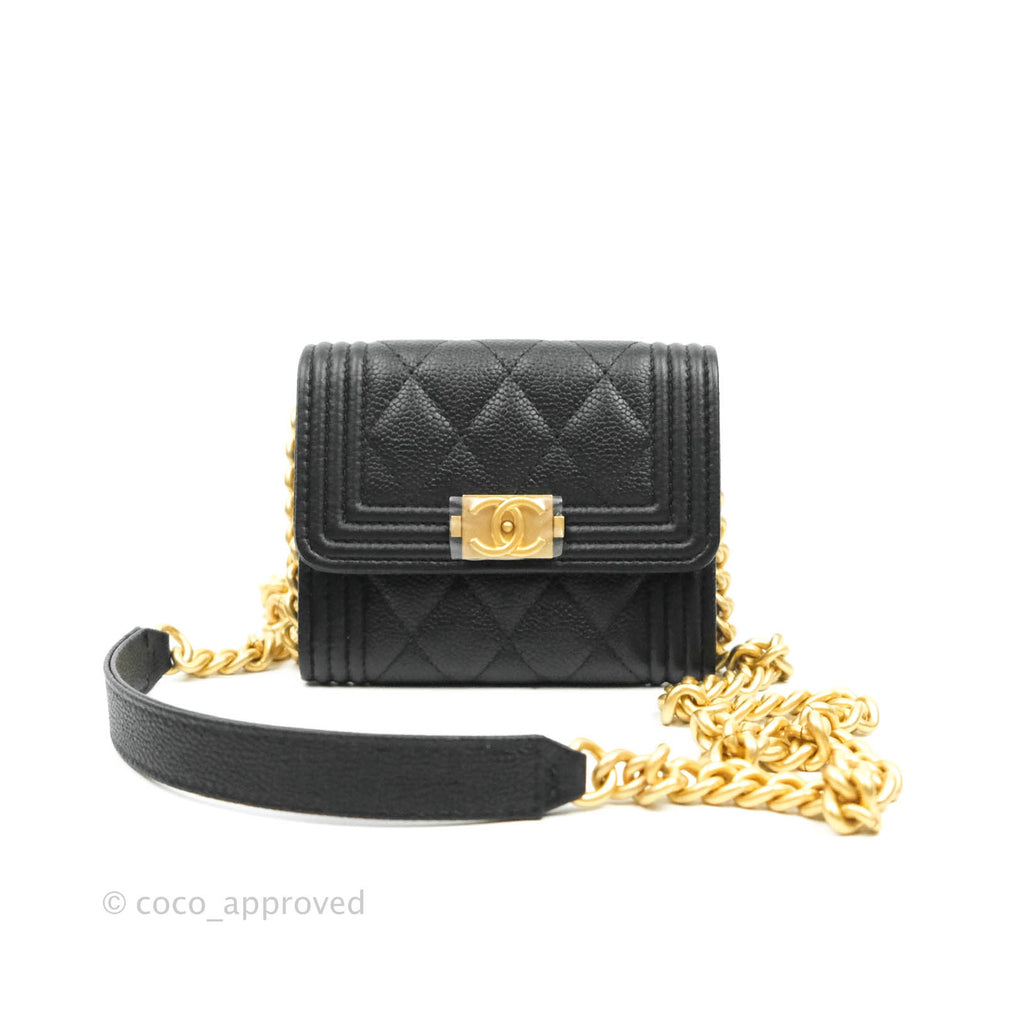 Chanel Boy Card Holder With Chain Black Caviar Gold Hardware