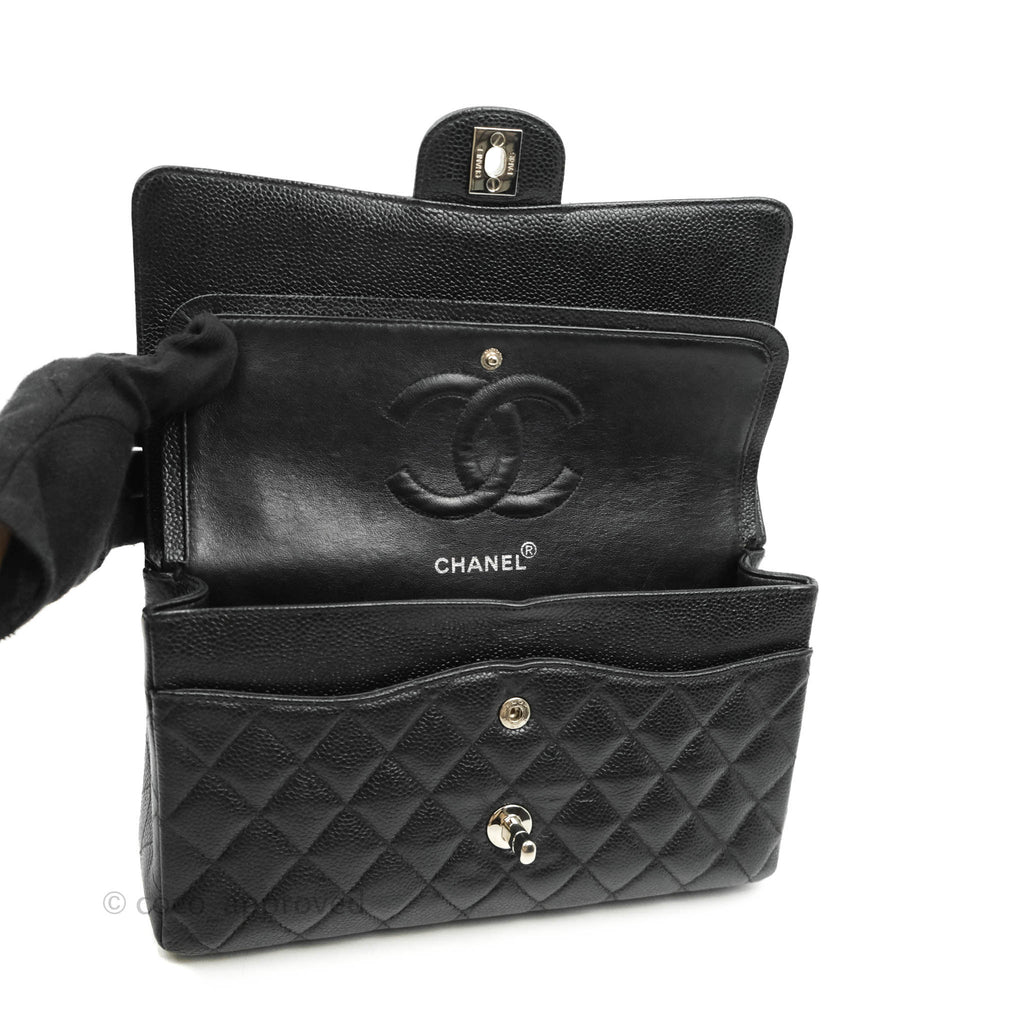 Chanel Vintage Classic M/L Medium Flap Quilted Black Caviar Silver Hardware