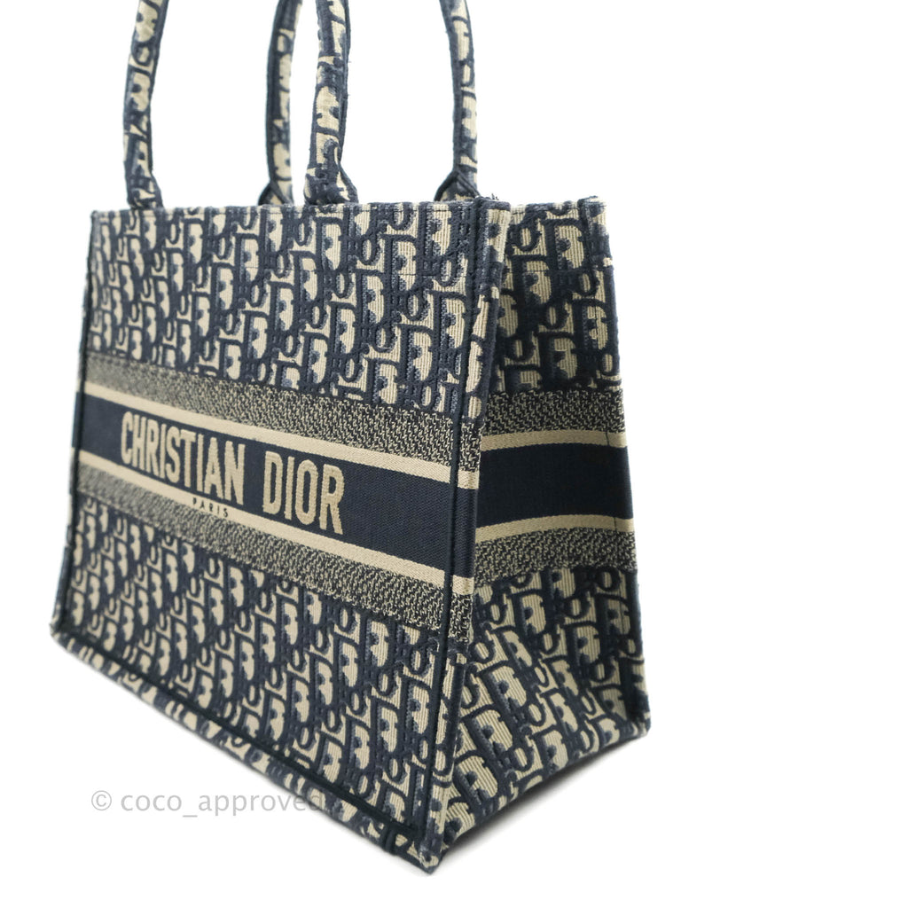 Christian Dior Medium Blue Dior Oblique Embroidery Canvas Book Tote