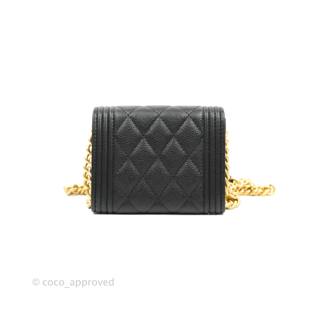 Chanel Boy Card Holder With Chain Black Caviar Gold Hardware