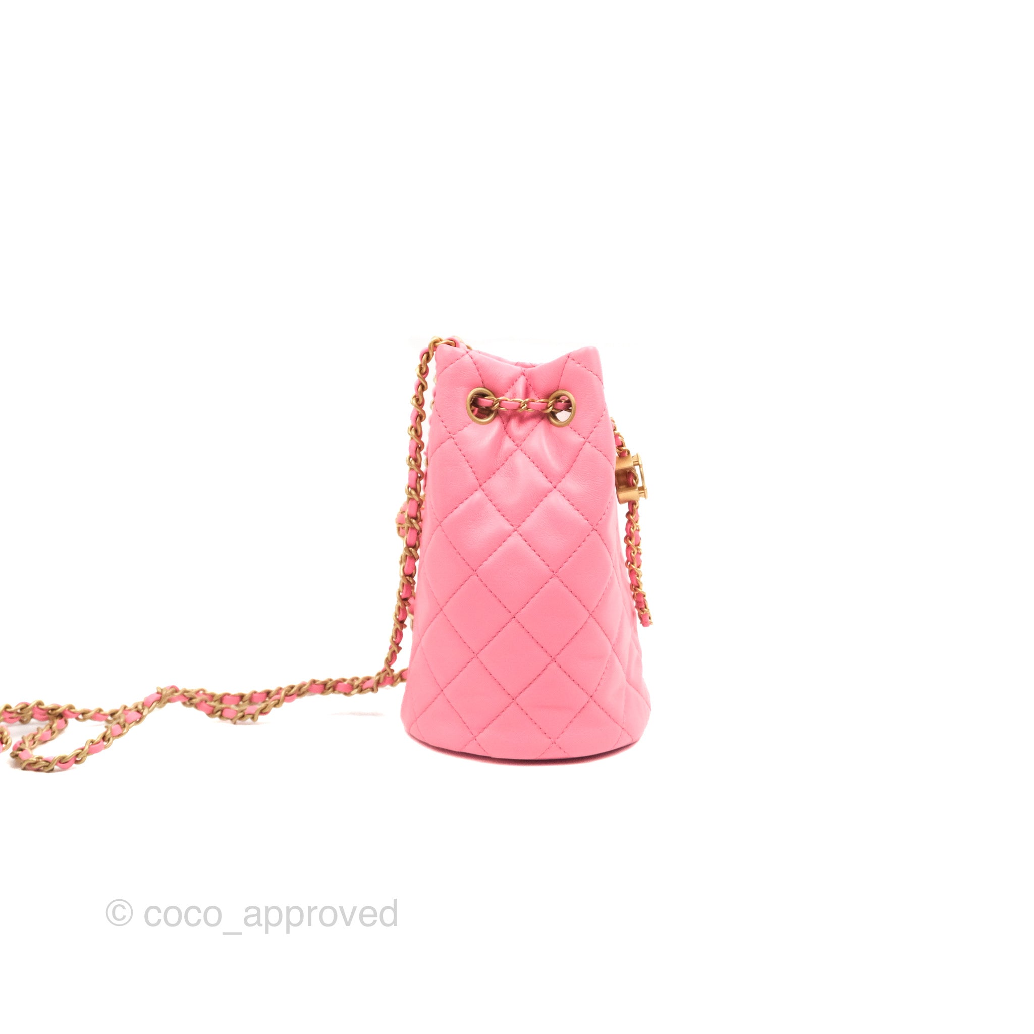 CHANEL Calfskin Quilted Pearl Mini About Pearls Drawstring Bucket Light Pink  1285814