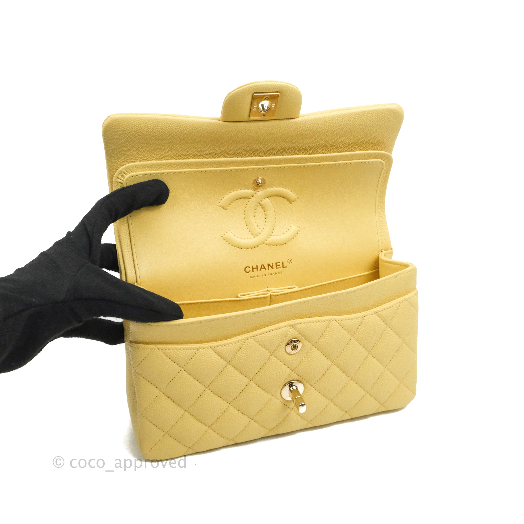 Chanel Classic Small S/M Quilted Flap Yellow Caviar Gold Hardware – Coco  Approved Studio