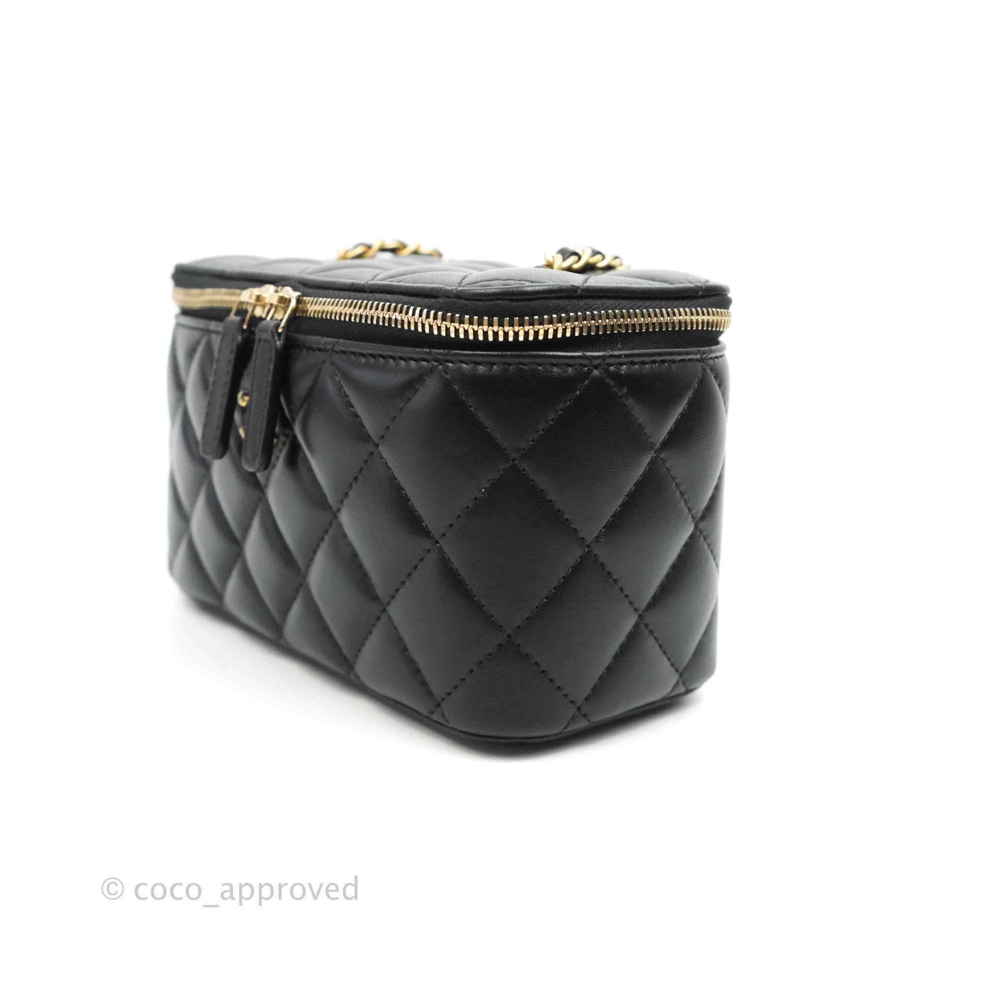 Chanel Vanity with Pearl Crush Chain in Black Lambskin Aged Gold