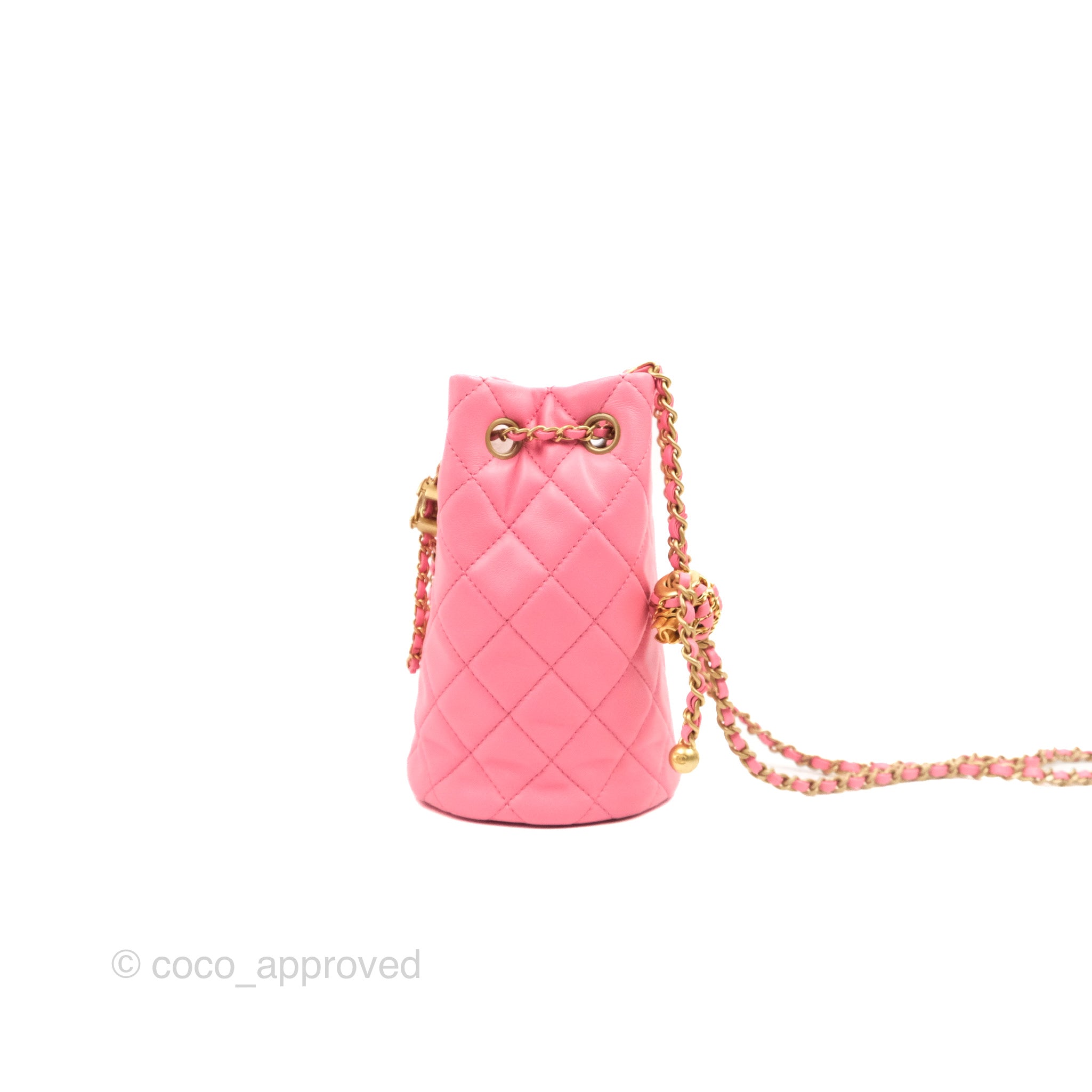 CHANEL Pink Mini About Pearls Drawstring Bucket Bag Quilted