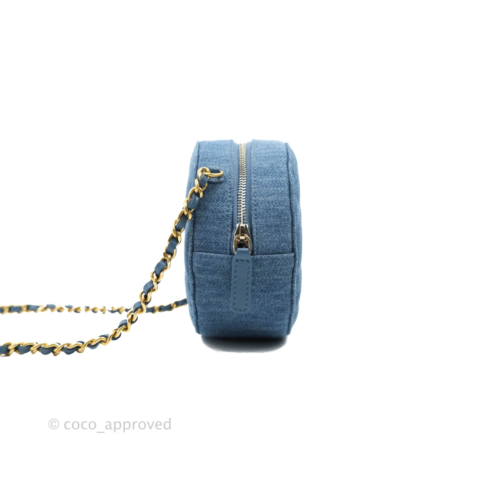 Chanel Quilted Pearl Crush Round Clutch With Chain Denim Aged Gold Har –  Coco Approved Studio
