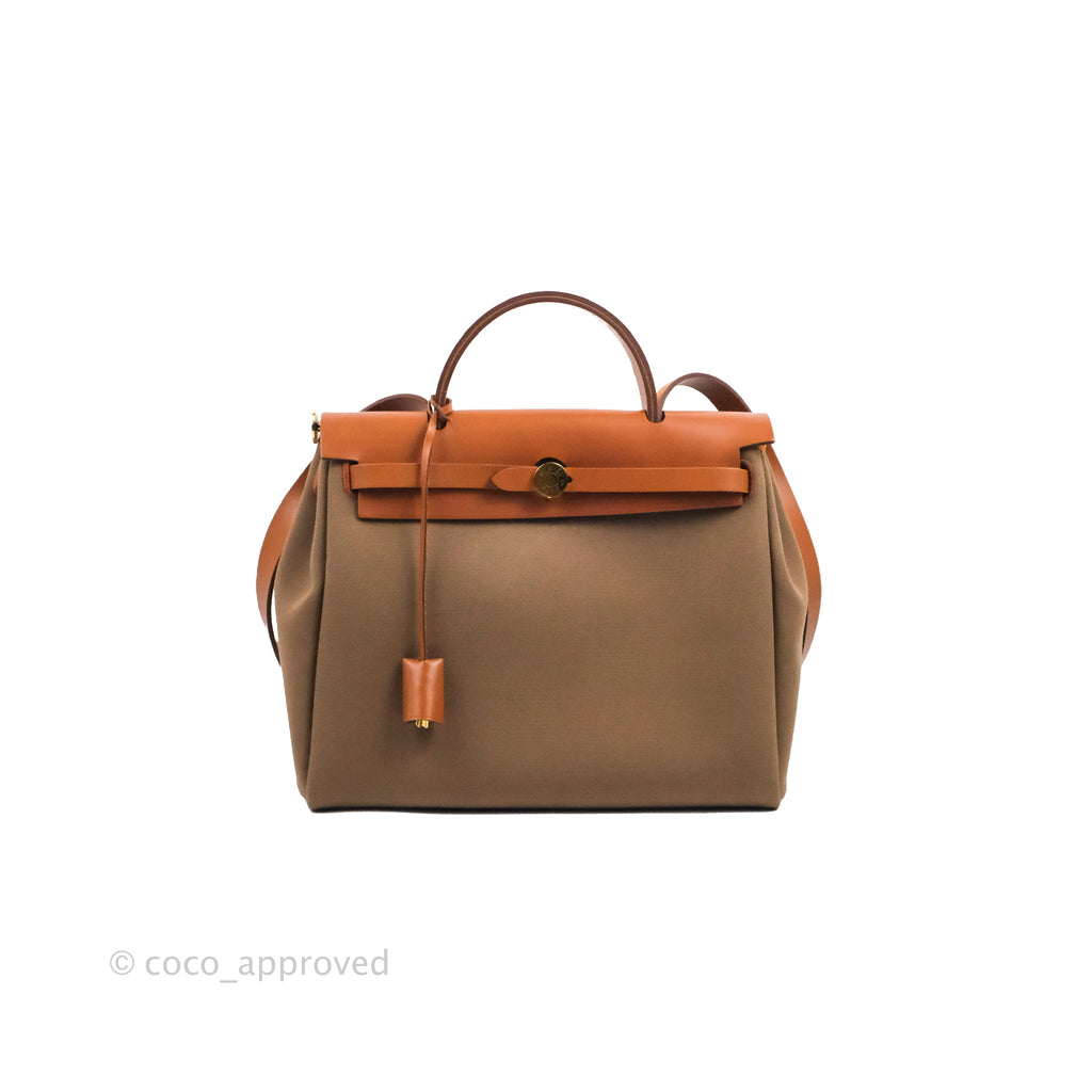 Hermès Retourne Herbag Zip 31 Etoupe-Dune/Fauve Canvas Gold Hardware