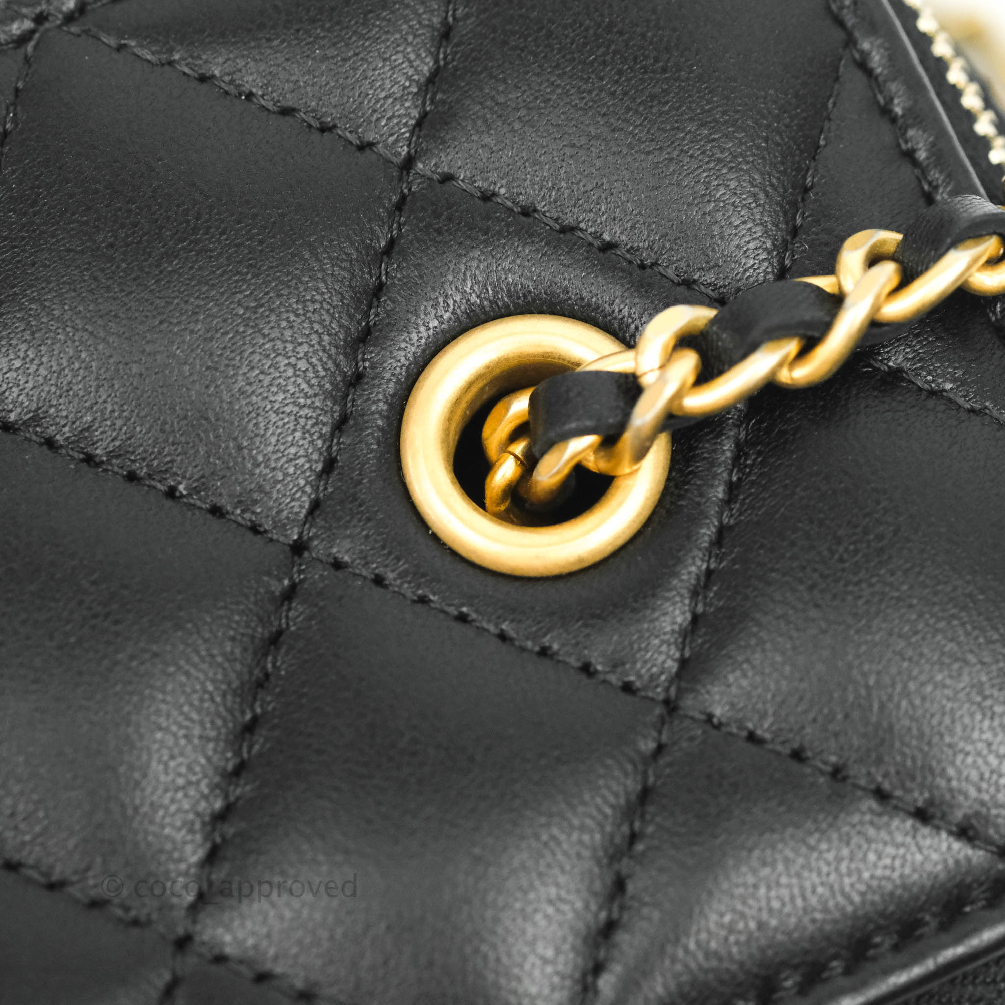 Chanel Mini Flap Bag With Pearl And Woven Chain CC Logo Black Lambskin – Coco  Approved Studio