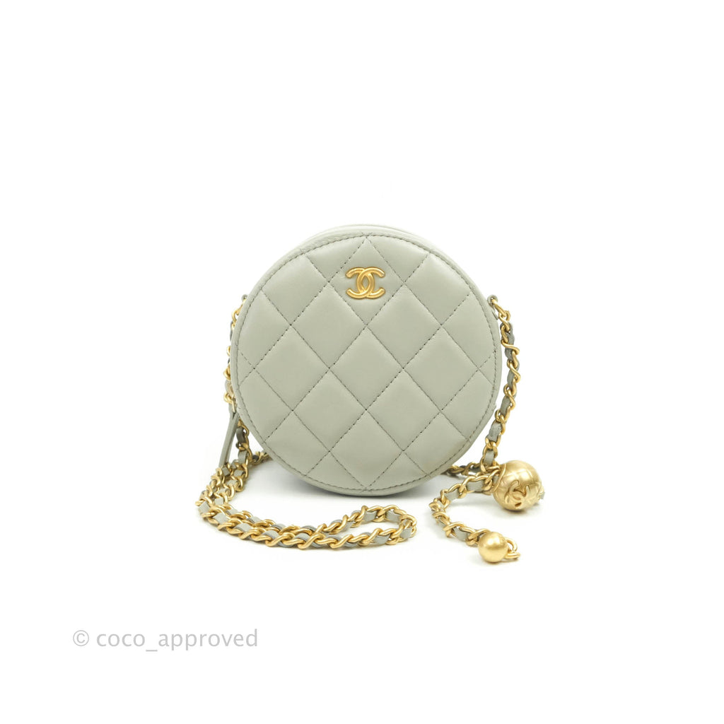 Chanel Quilted Round Pearl Crush Clutch With Chain Olive Grey Lambskin Aged Gold Hardware