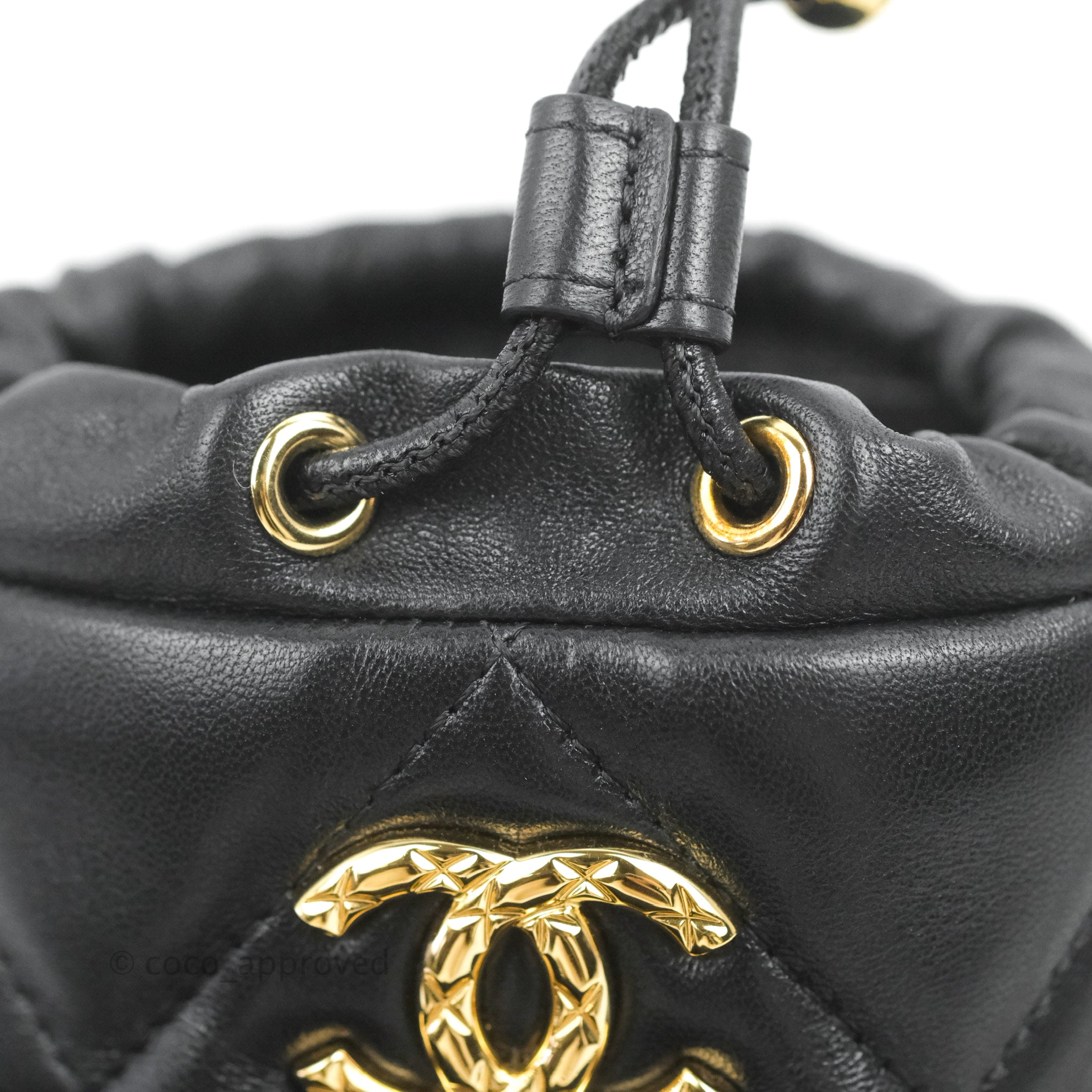 Chanel Mini Drawstring Bucket Bag with Chain Black Calfskin Aged Gold –  Coco Approved Studio