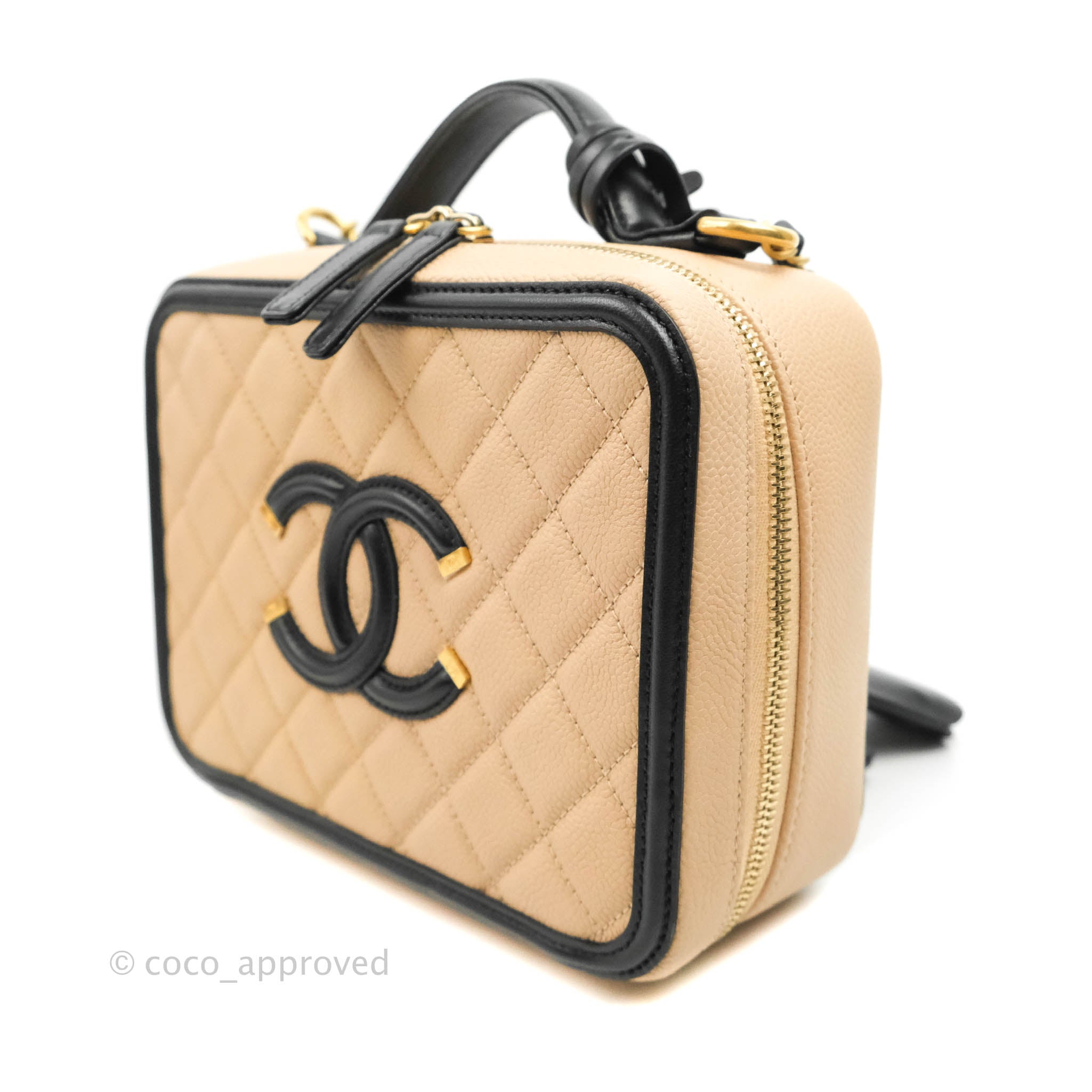 Chanel Quilted Small CC Filigree Vanity Case Beige Black Caviar – Coco  Approved Studio