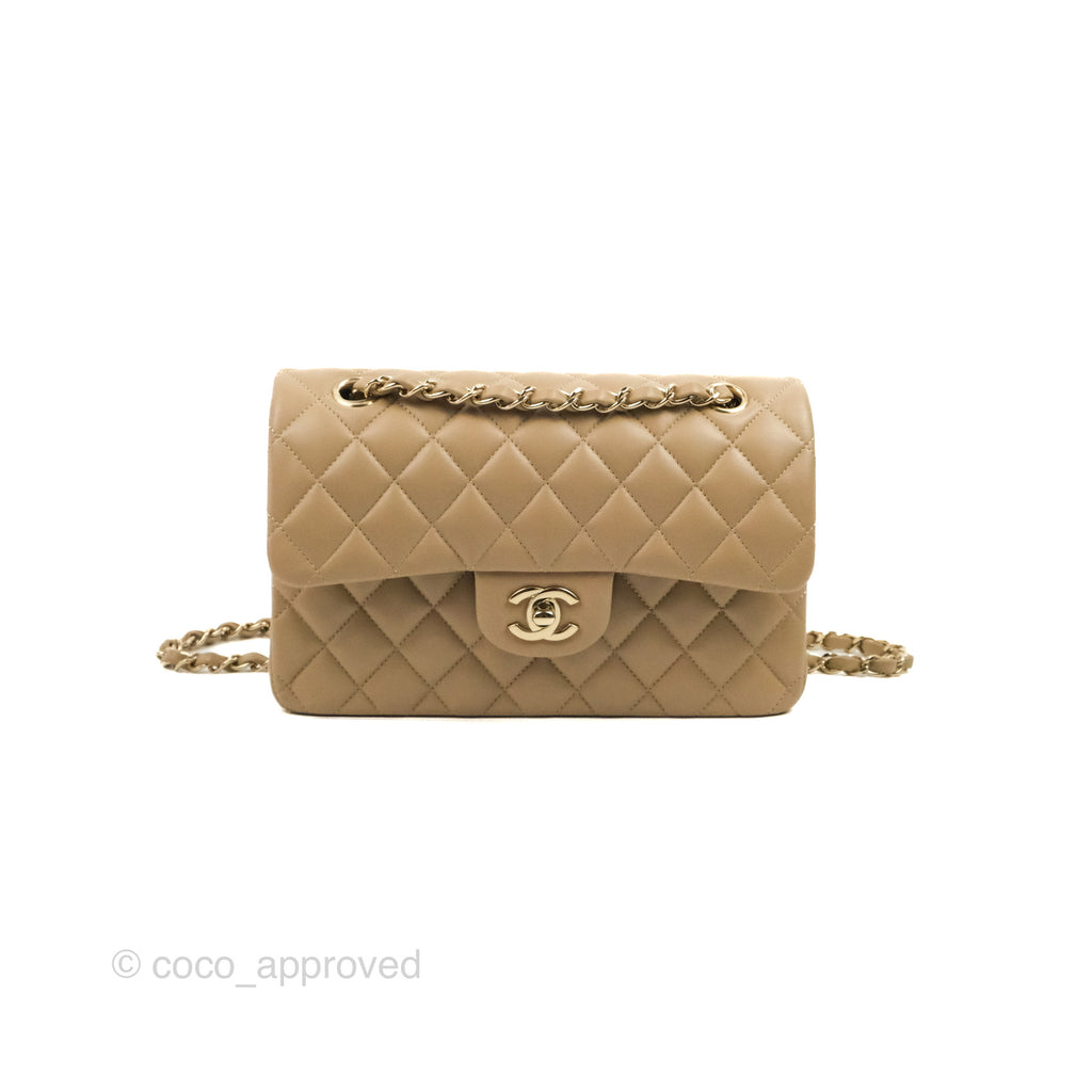 Chanel Small Classic Quilted Flap Dark Beige Lambskin Gold Hardware