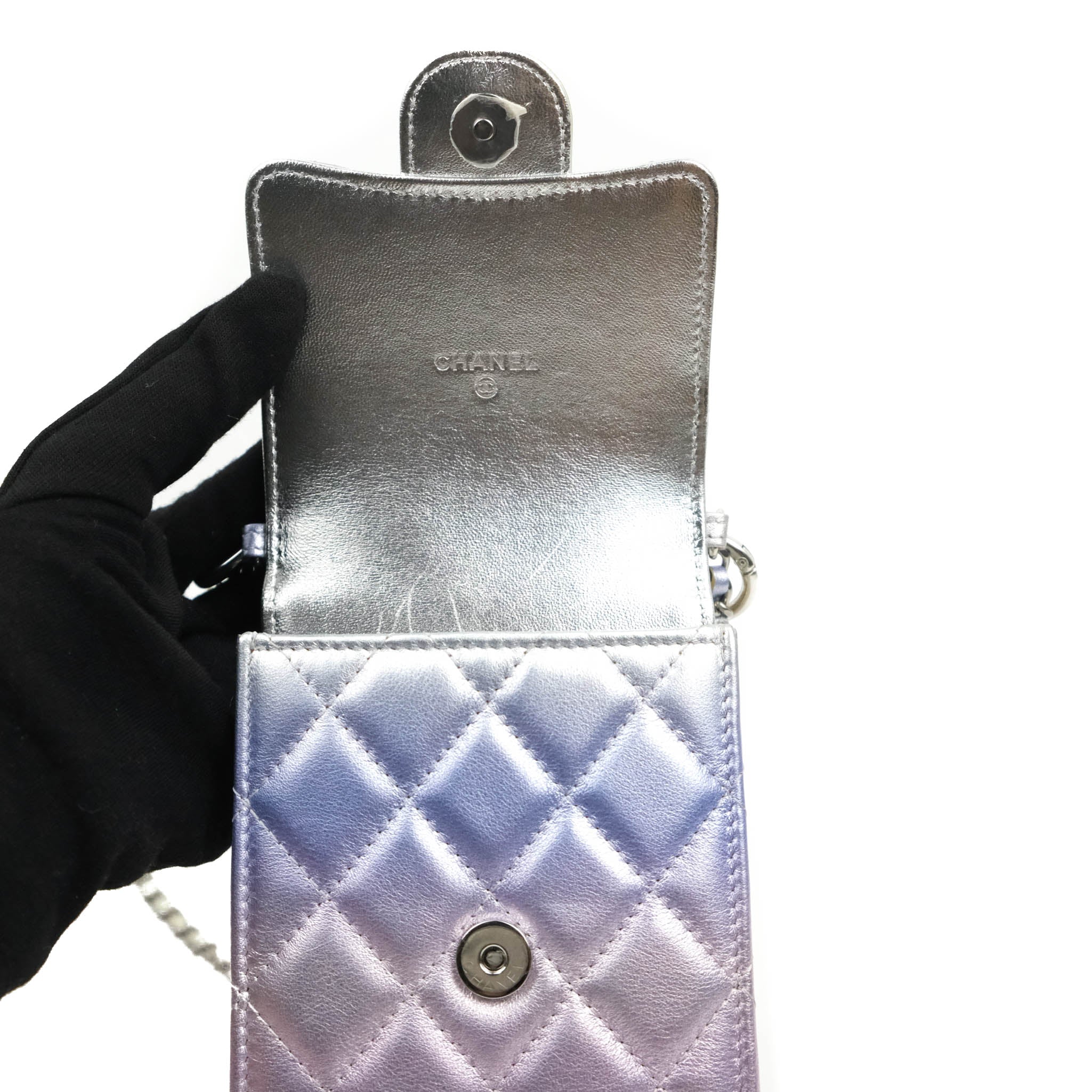 Chanel Classic Quilted Metallic Rainbow Lambskin Phone Holder