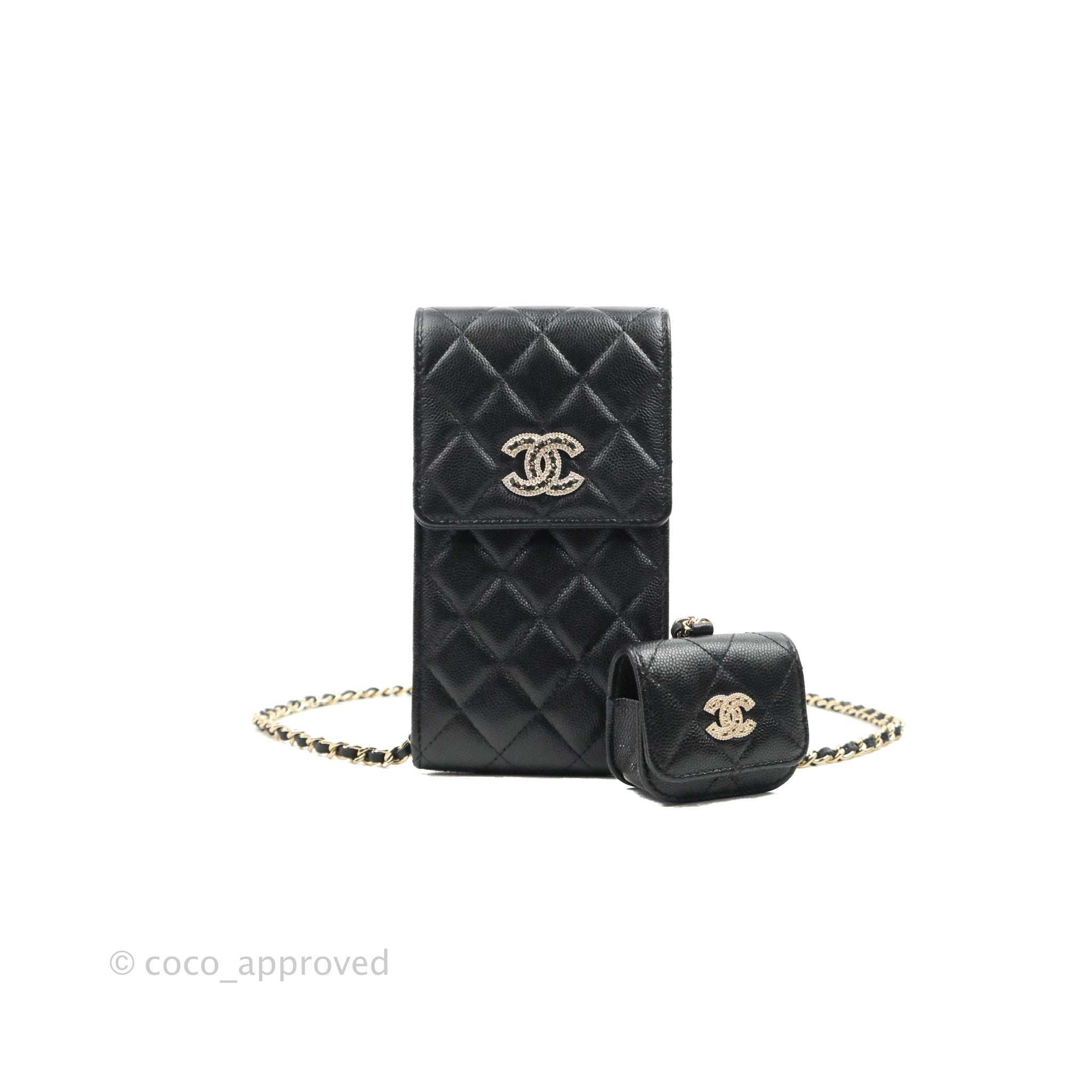 Chanel Phone Holder & Airpods Case with Chain Black Caviar Gold Hardwa – Coco Approved Studio Chanel Phone Holder & Airpods Case with Chain Black Caviar Gold Hardwa – Coco Approved Studio