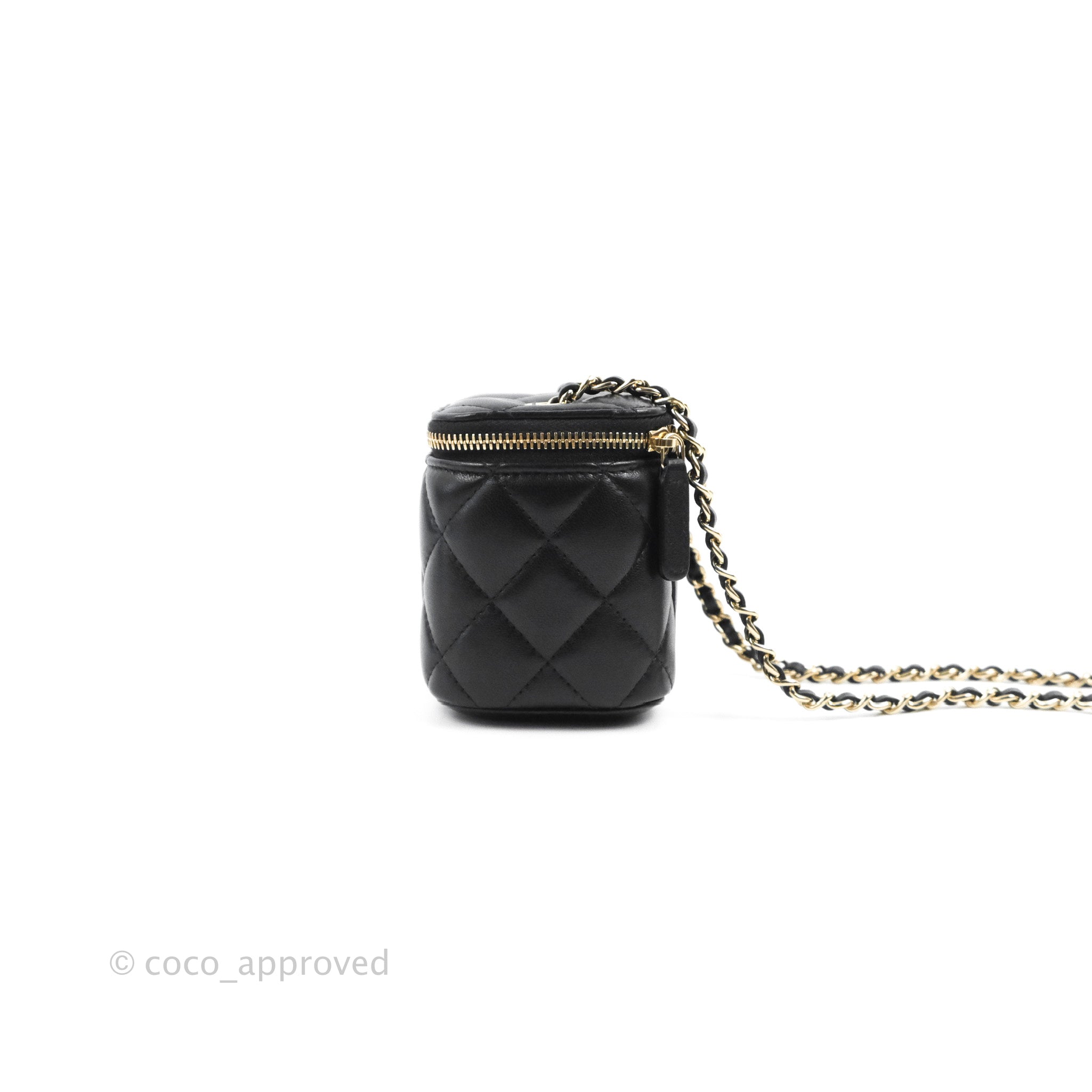 Chanel Black Quilted Grained Calfskin Mini Vanity With Chain Gold