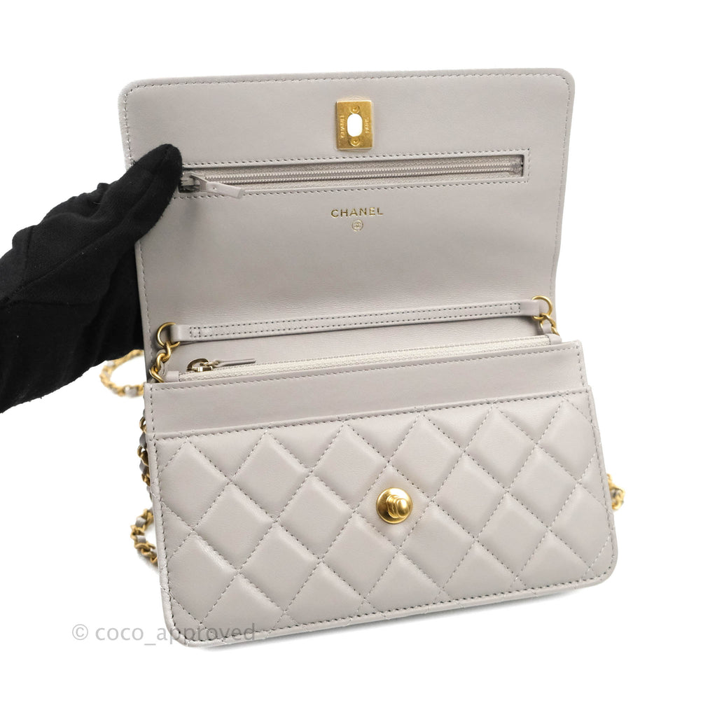 Chanel Quilted Pearl Crush Wallet on Chain WOC Grey Lambskin Aged Gold Hardware