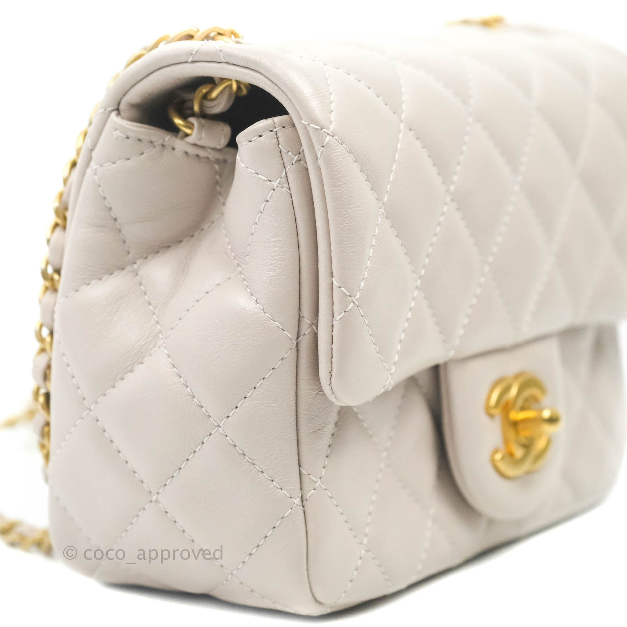 Chanel Mini Square Pearl Crush Quilted Pale Lilac Lambskin Gold