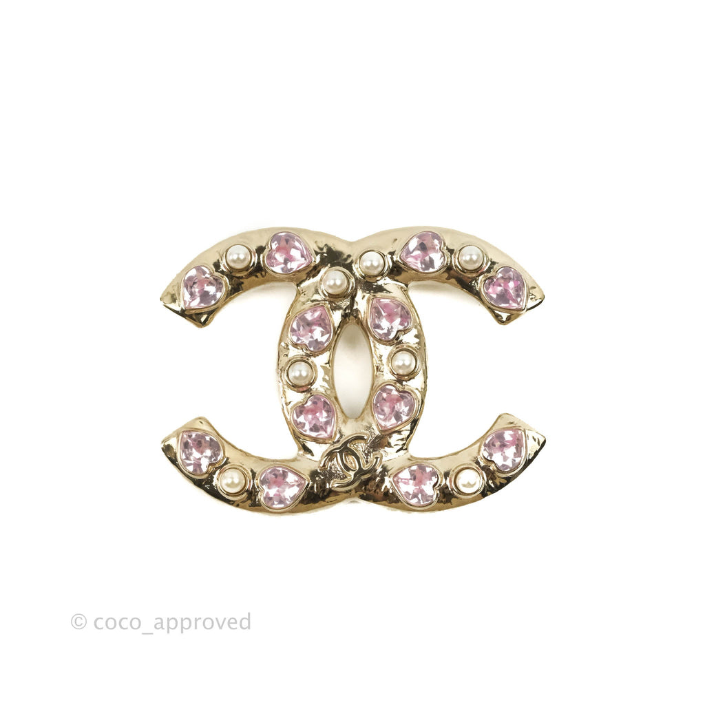 Chanel CC Pearl Pink Heart Rhinestone Brooch Gold Tone 22B