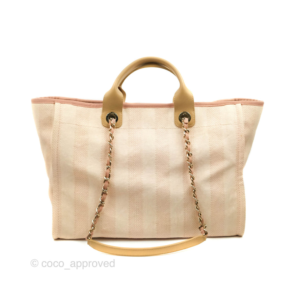 Chanel Large Deauville Pink Stripe Canvas Beige Handle Gold Hardware