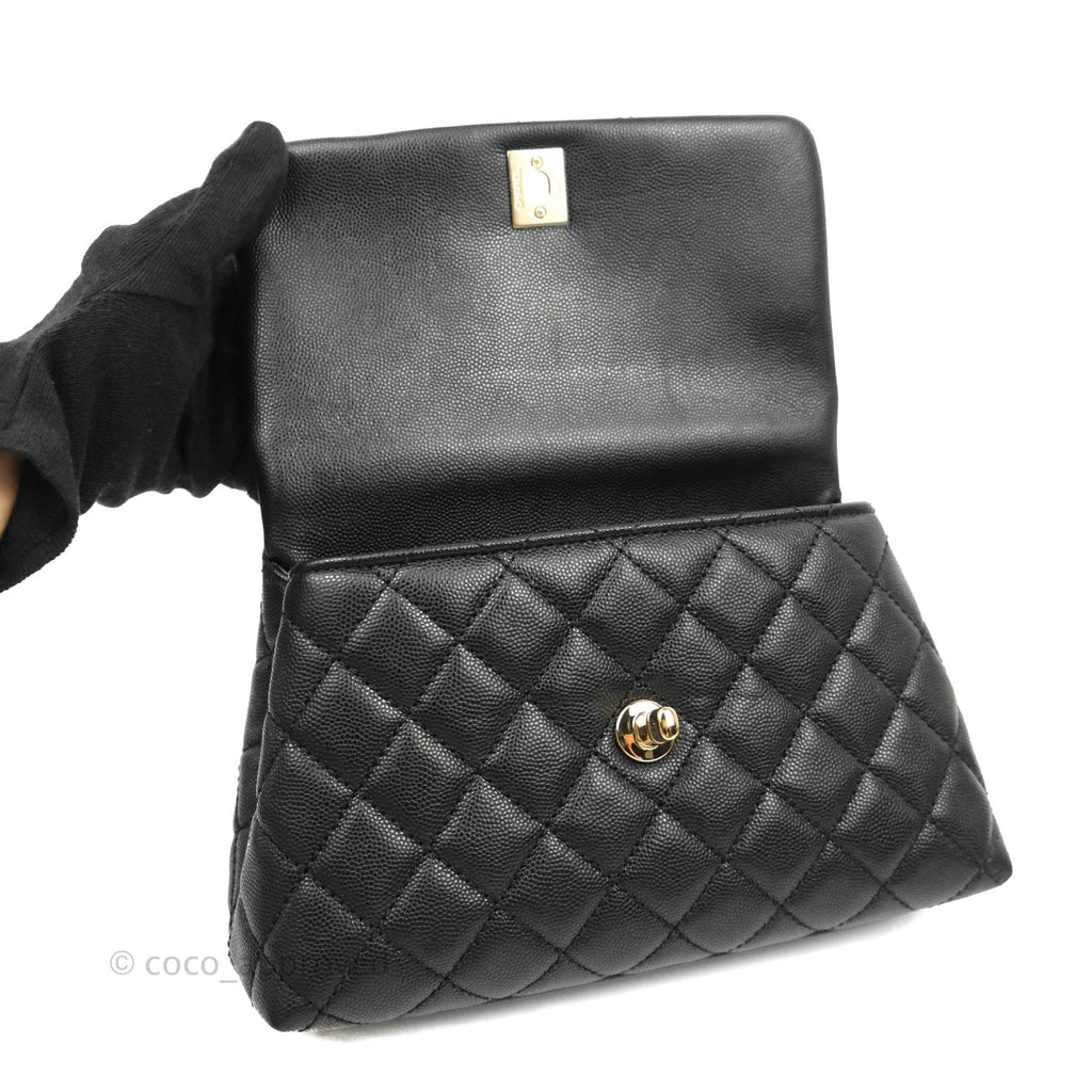 Chanel Small Coco Handle Quilted Black Caviar Gold Hardware Lizard Embossed Handle