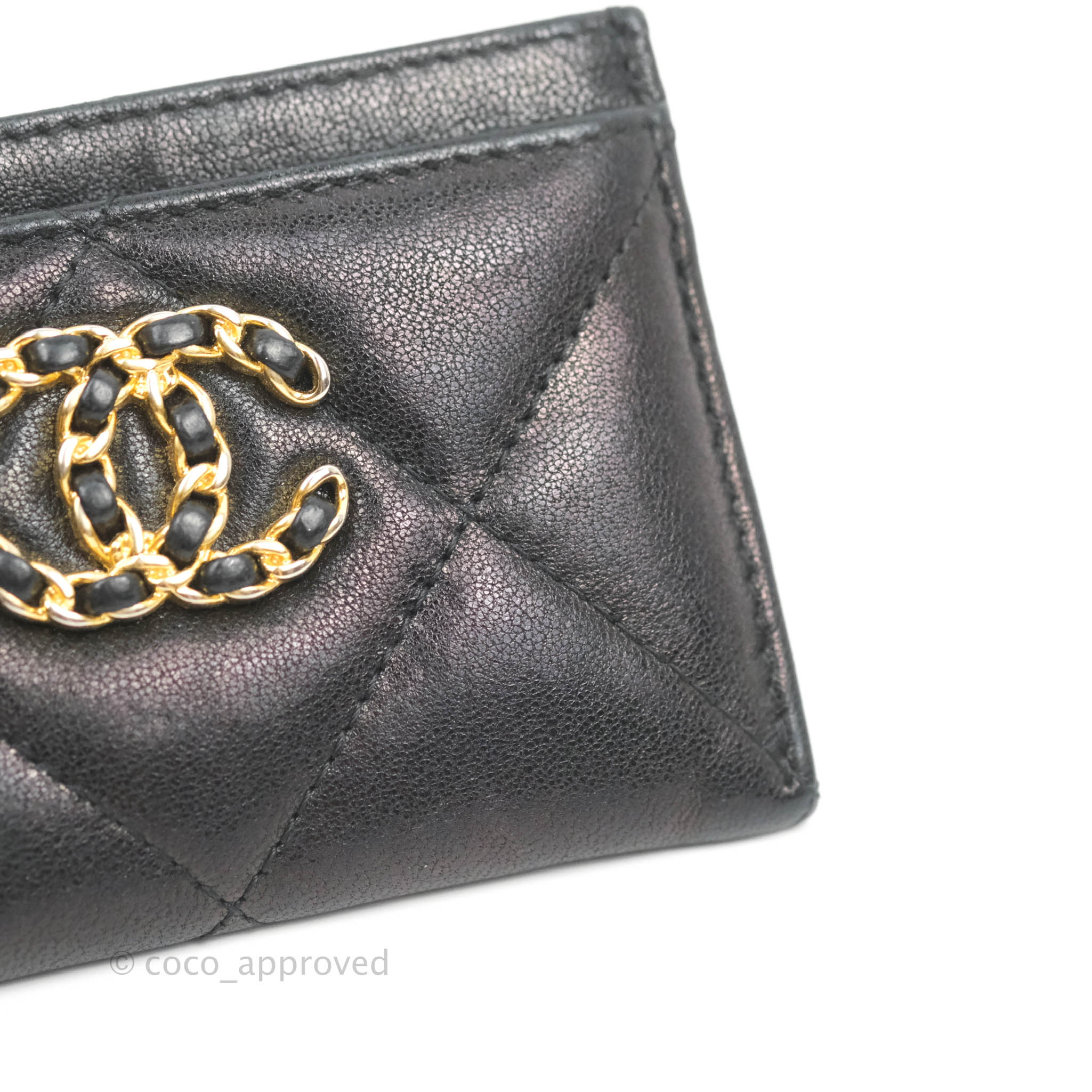 CHANEL Goatskin Quilted Chanel 19 Card Holder On Chain Black