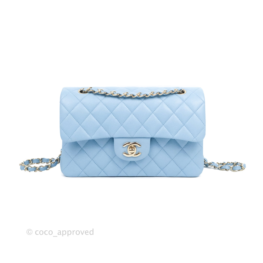 Chanel Small Classic Quilted Flap Light Blue Caviar Gold Hardware