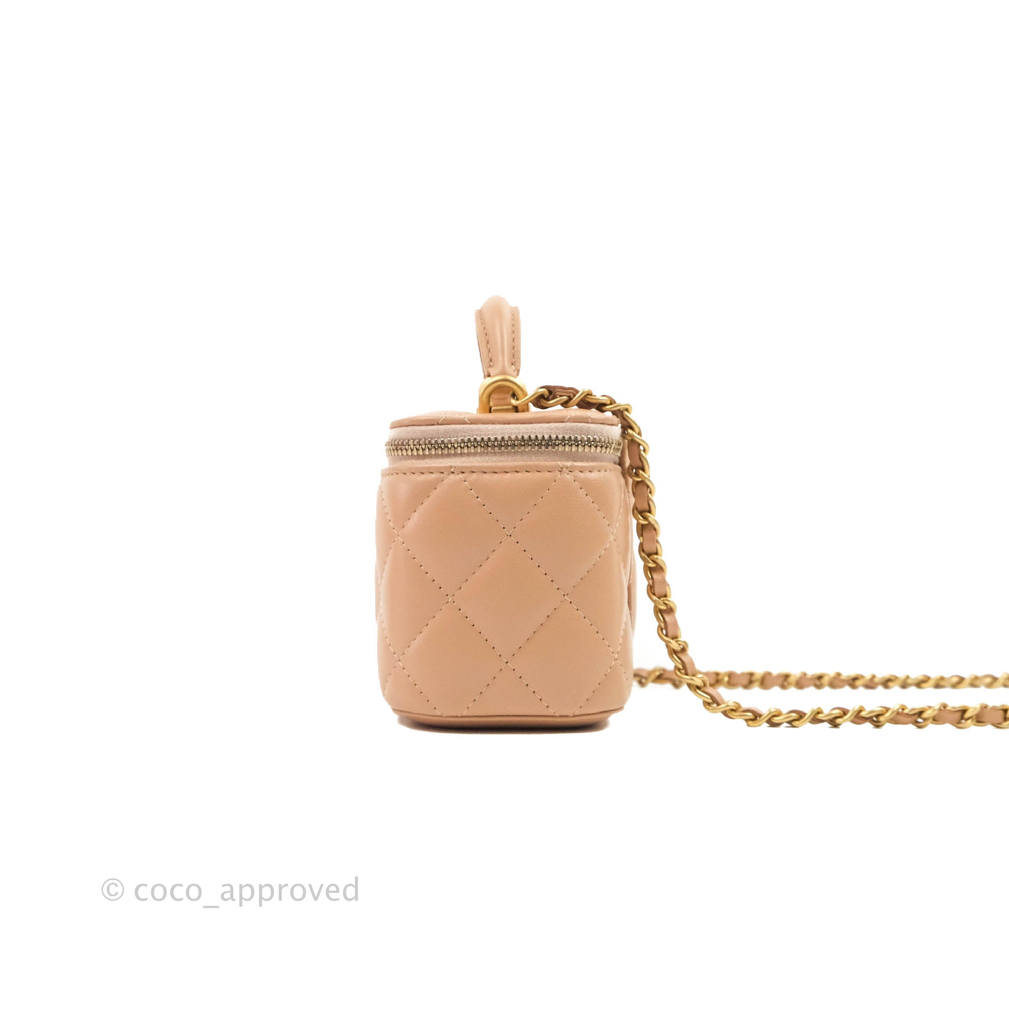 Chanel Mini Top Handle Vanity With Chain Beige Lambskin Aged Gold Hard –  Coco Approved Studio