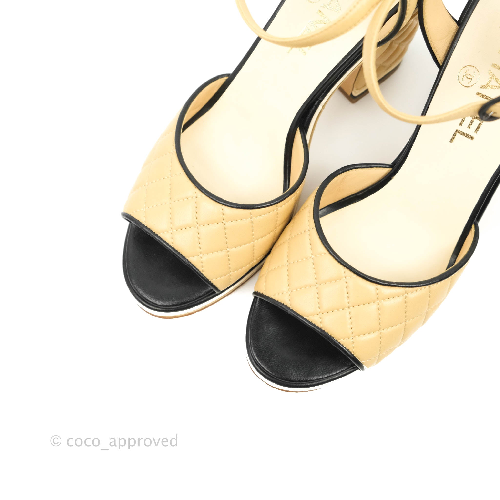 Chanel Beige Black Quilted Leather CC Block Heel Ankle Strap