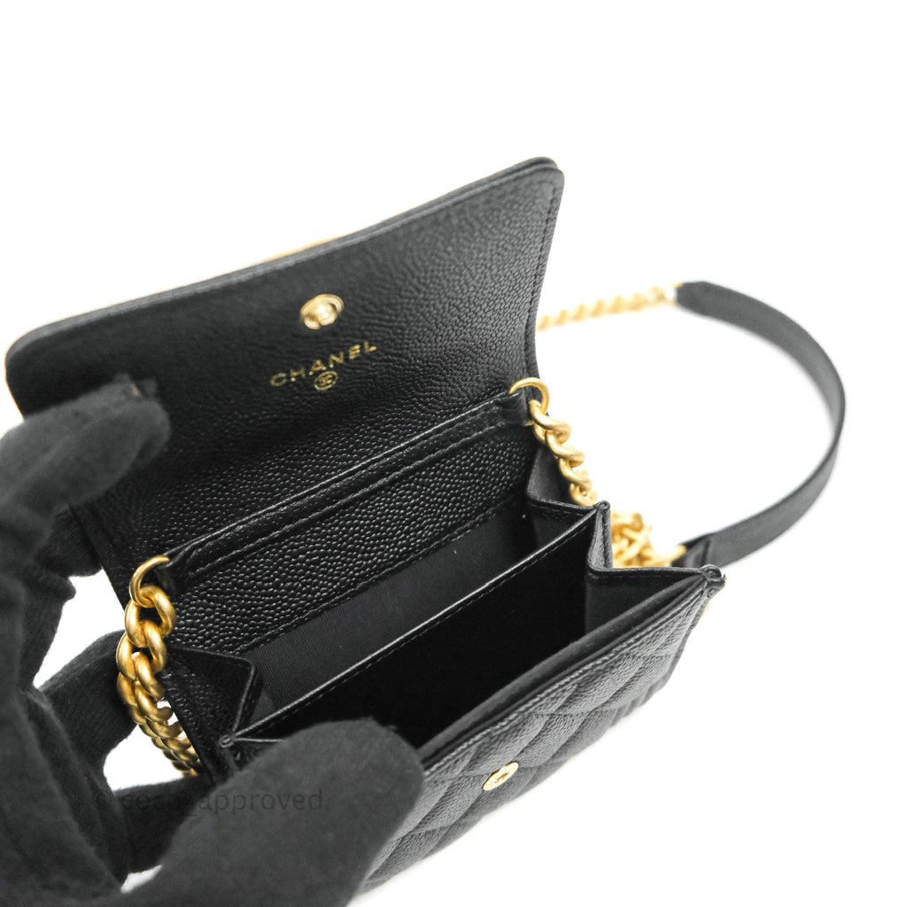 Chanel Boy Card Holder With Chain Black Caviar Gold Hardware