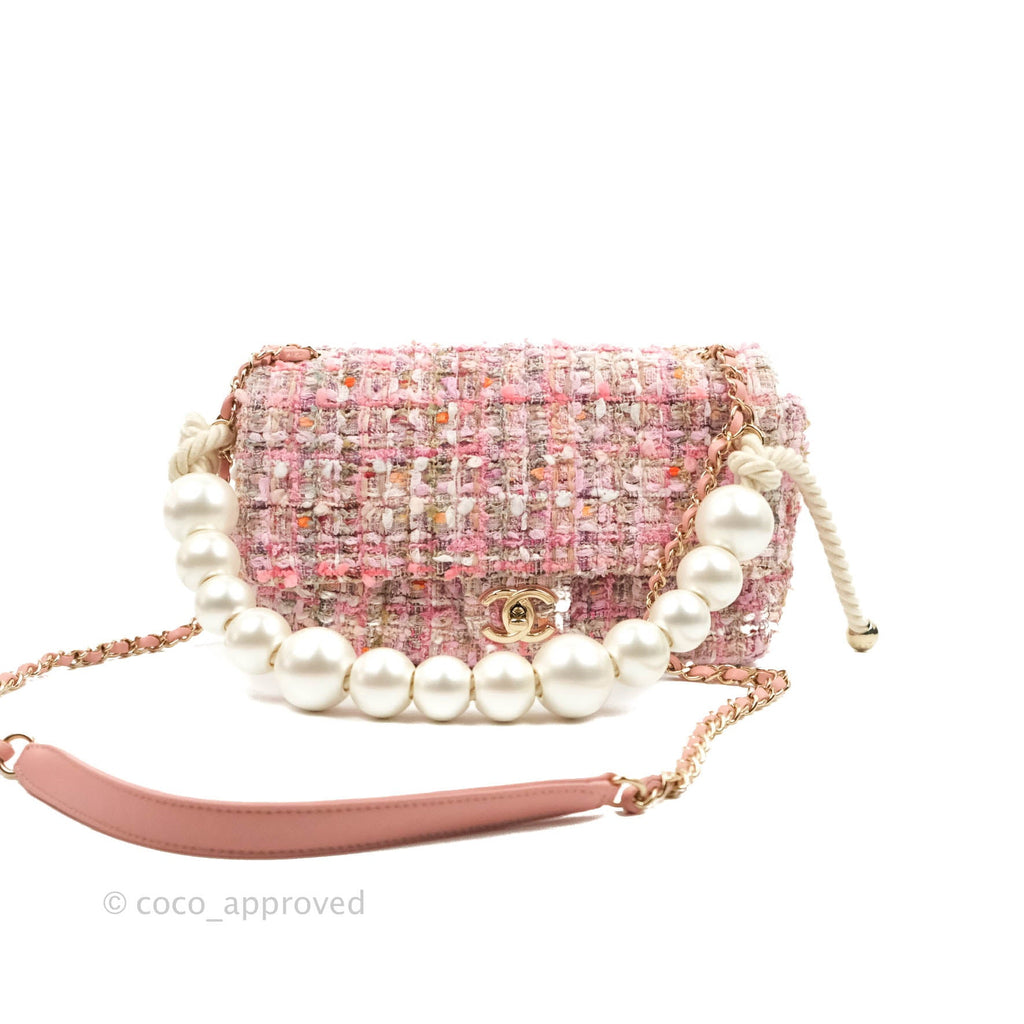 Chanel Medium Pink Tweed Flap Bag With Large Pearl Handle Gold Hardware