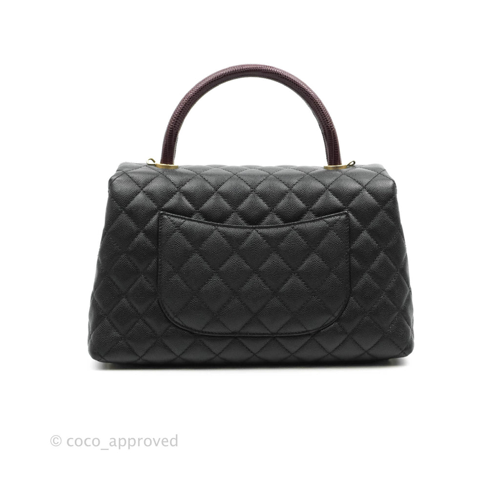 Chanel Small Coco Handle Quilted Black Caviar Lizard Handle Gold Hardware