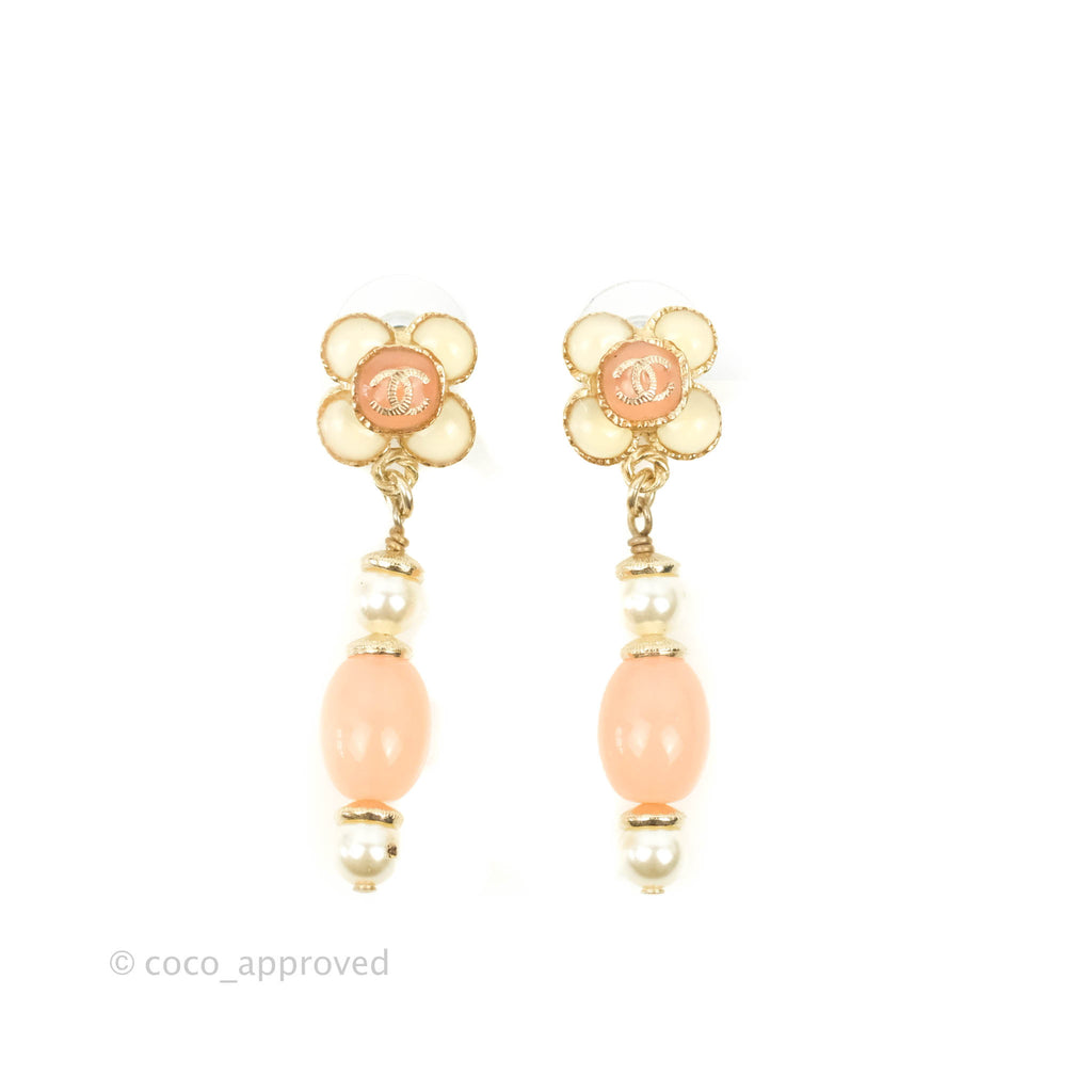 Chanel CC Flower Pink Resin Pearl Drop Earrings 18C