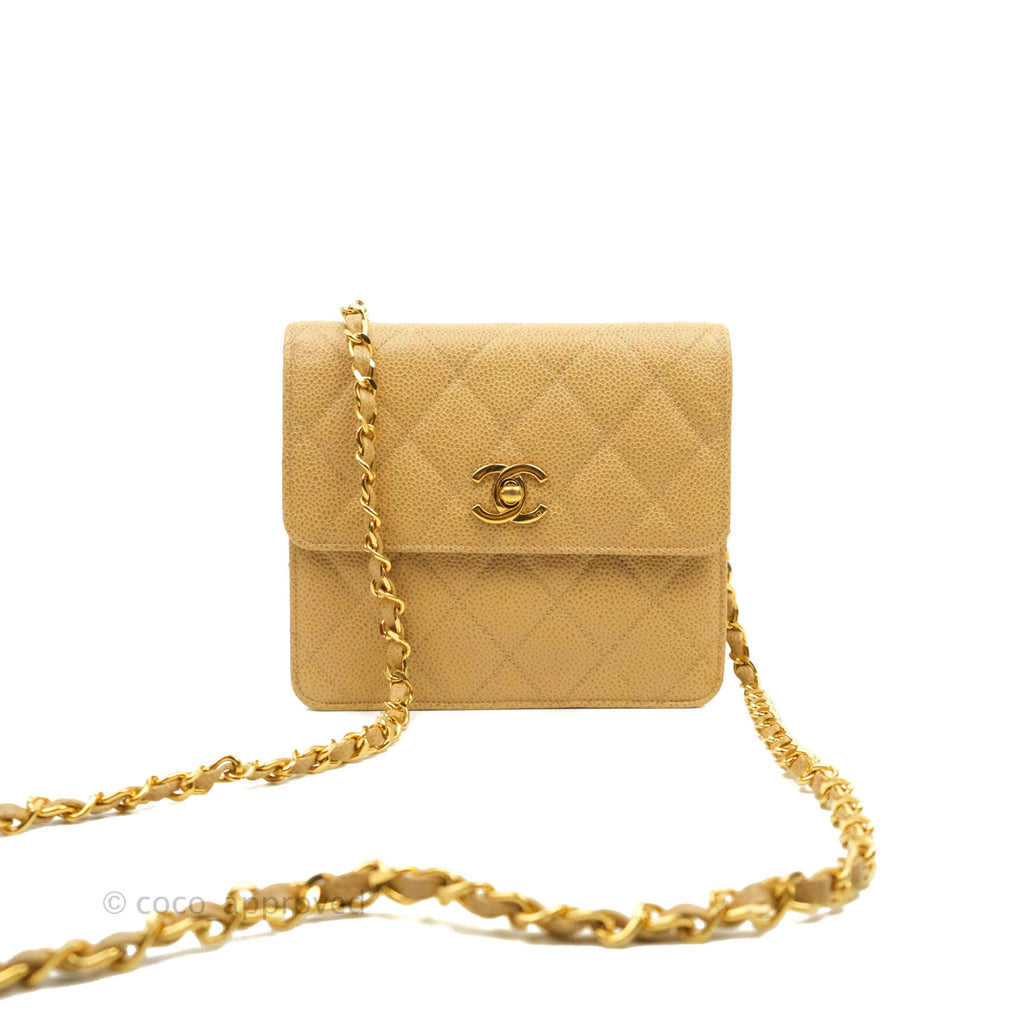 Chanel Vintage Quilted Mini Square Flap Beige Caviar Silver Hardware
