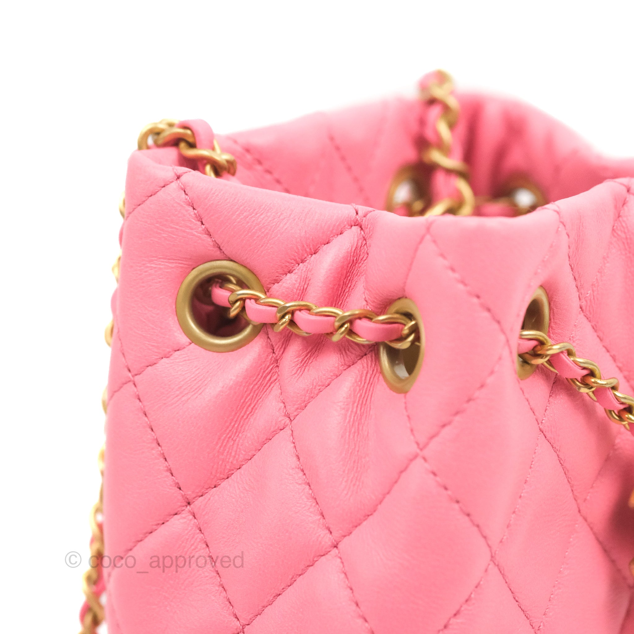 Chanel Quilted Crystal Pearl Crush Drawstring Bucket Bag Pink Lambskin –  Coco Approved Studio