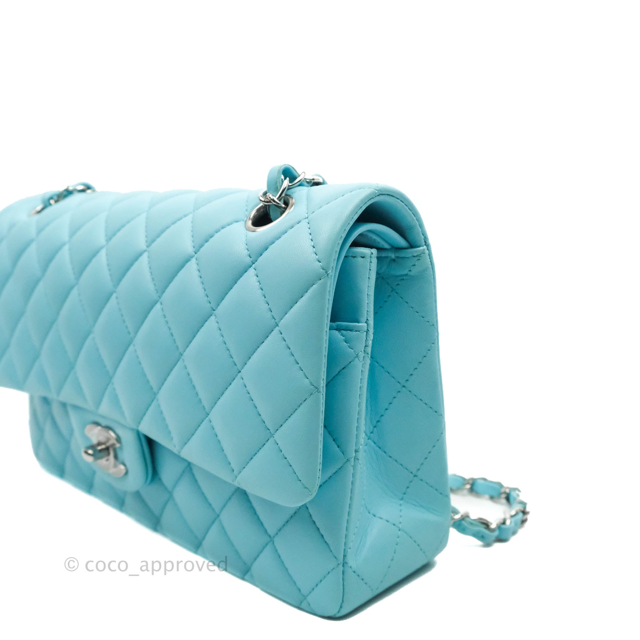 Lambskin Quilted Medium Double Flap Light Blue – Trends Luxe
