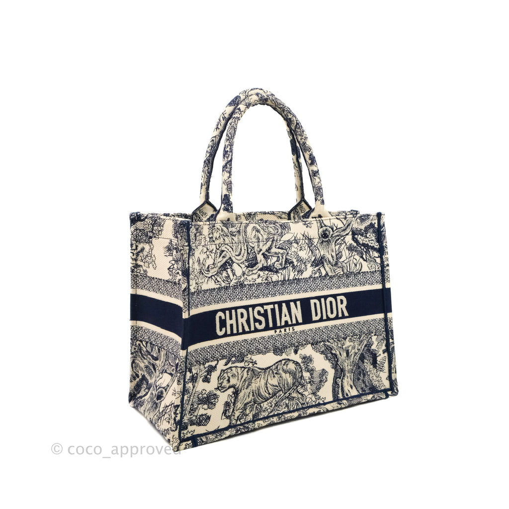 Christian Dior Medium (Old Small) Embroidered Toile De Jouy Canvas Book Tote Blue