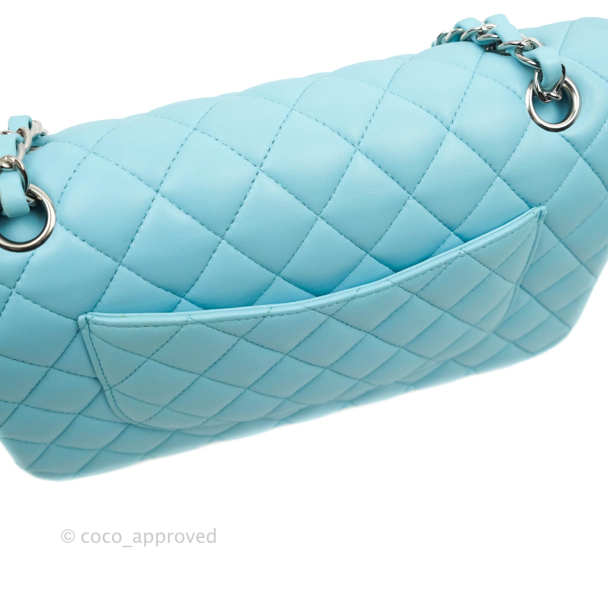 Chanel Classic M/L Medium Double Flap Tiffany Neon Blue Lambskin Silve –  Coco Approved Studio