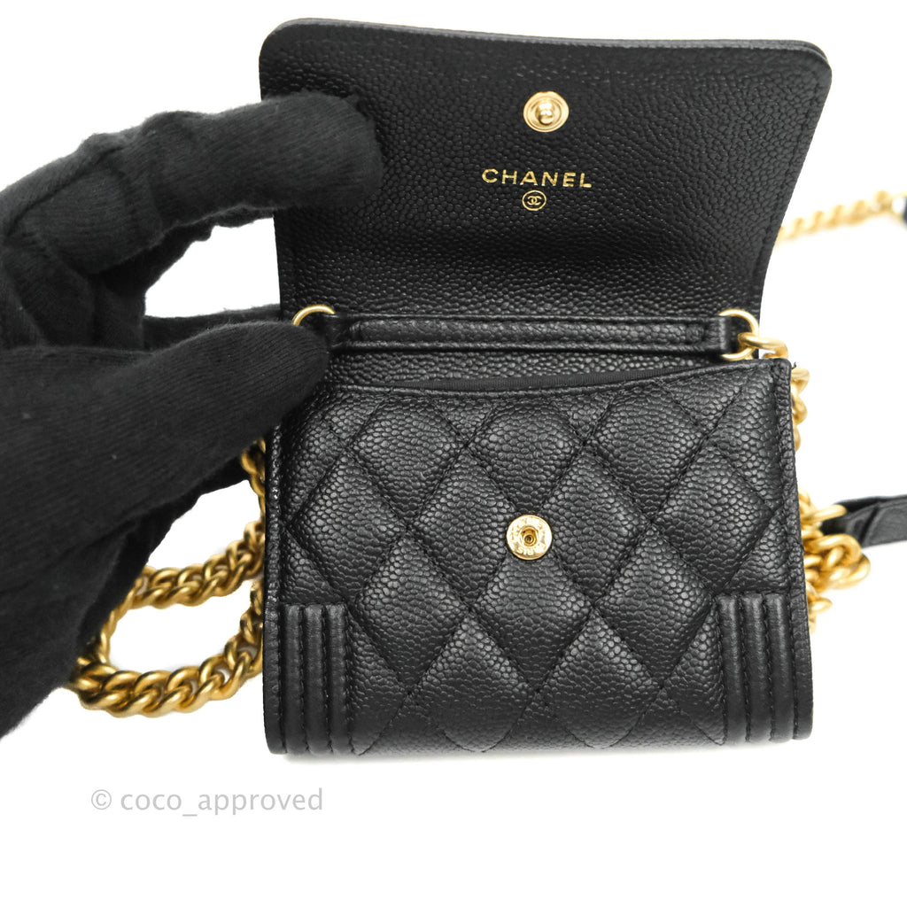 Chanel Boy Card Holder With Chain Black Caviar Gold Hardware