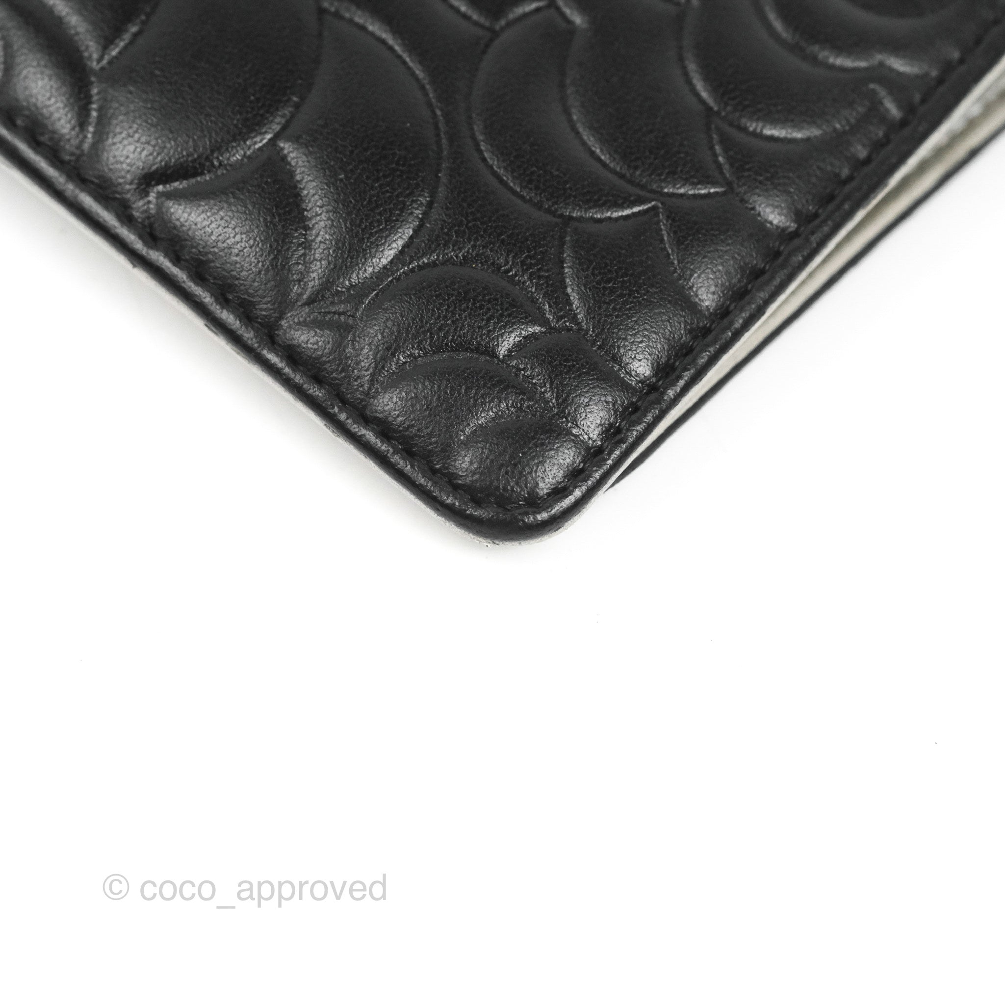 Chanel Yen Camellia Embossed Wallet Black Lambskin Silver Hardware – Coco  Approved Studio