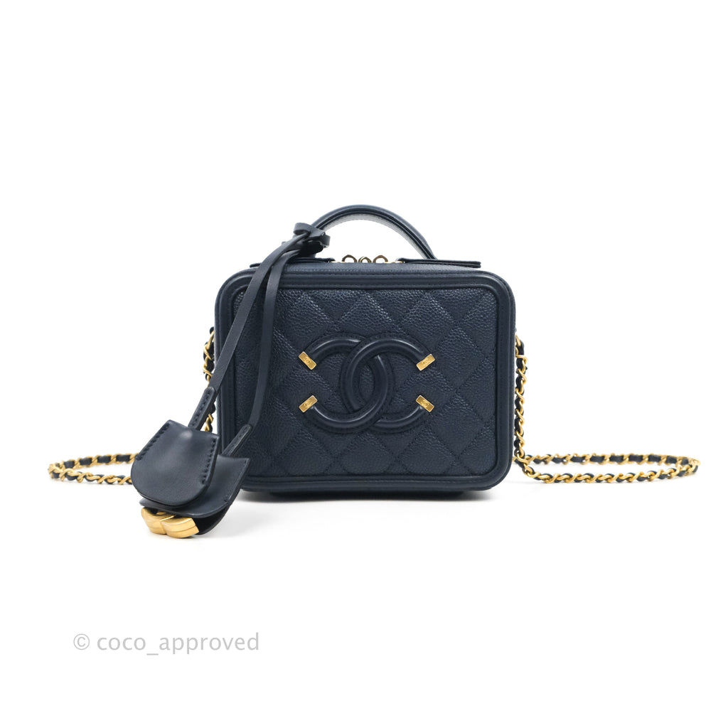 Chanel Quilted Small CC Filigree Vanity Case Navy Caviar Gold Hardware