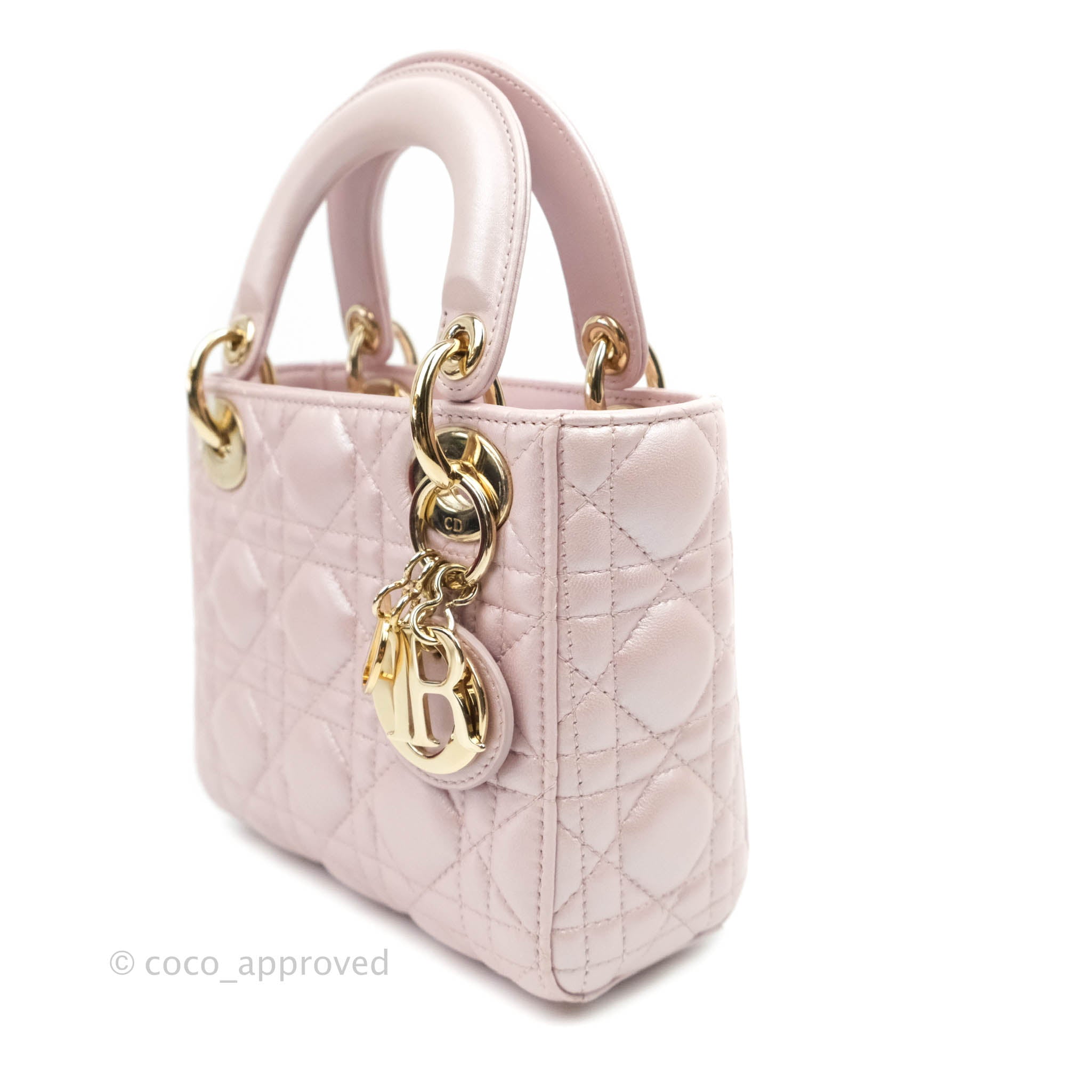 NEW LADY DIOR Lotus Pale Lilac Pink Pearlescent Cannage Lambskin Mini Bag  Gold