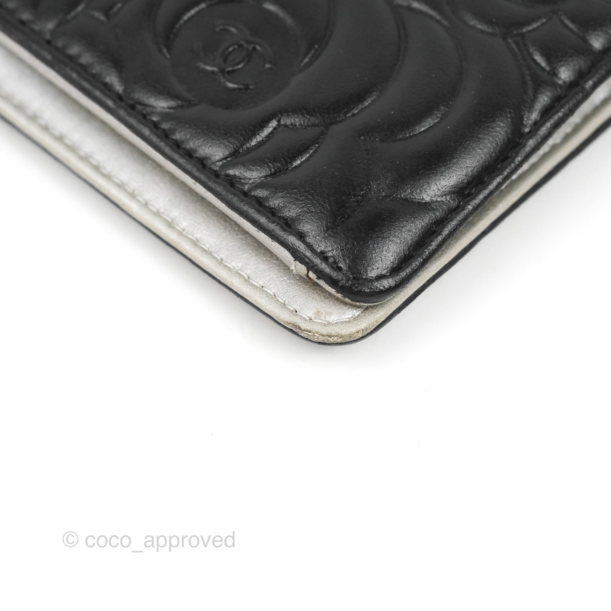 Chanel Yen Camellia Embossed Wallet Black Lambskin Silver Hardware – Coco  Approved Studio